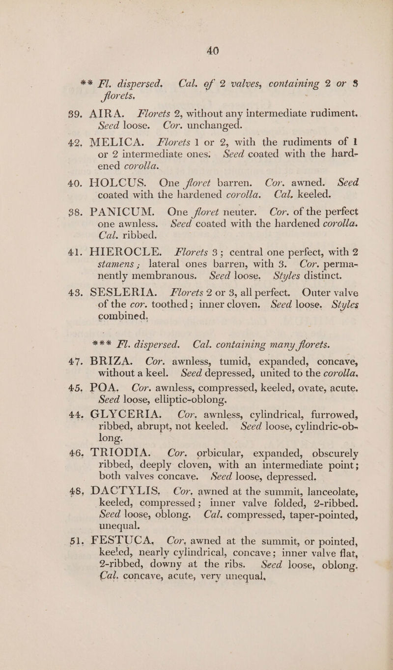 39. 42. 40. 23. 41. 43. 47. 45, 444 46, 51. florets. AIRA. florets 2, without any intermediate rudiment, | Seed loose. Cor. unchanged. ) MELICA. Filorets 1 or 2, with the rudiments of 1 or 2 intermediate ones: Seed coated with the hard- ened corolla. HOLCUS. One floret barren. Cor. awned. Seed coated with the hardened corolla. Cal. keeled. PANICUM. One floret neuter. Cor. of the perfect one awnless. Seed coated with the hardened corolla. Cal. ribbed. HIEROCLE. florets 3; central one perfect, with 2 stamens ; lateral ones barren, with 3. Cor. perma- nently membranous. Seed loose. Styles distinct. SESLERIA. Florets 2 or 3, all perfect. Outer valve of the cor. toothed; inner cloyen. Seed loose, Styles combined, | *#* Fl. dispersed. Cal. containing many florets. BRIZA. Cor. awnless, tumid, expanded, concave, without a keel. Seed depressed, united to the corolla. POA. Cor. awnless, compressed, keeled, ovate, acute. Seed loose, elliptic-oblong. GLYCERIA. Cor. awnless, cylindrical, furrowed, ribbed, abrupt, not keeled. Seed loose, cylindric-ob- long. TRIODIA. Cor. orbicular, expanded, obscurely ribbed, deeply cloven, with an intermediate point; both valves concave. Seed loose, depressed. DACTYLIS. Cor. awned at the summit, lanceolate, keeled, compressed; inner valve folded, 2-ribbed. Seed loose, oblong. Cal. compressed, taper-pointed, unequal. | . FESTUCA, Cor, awned at the summit, or pointed, keeled, nearly cylindrical, concave; inner valve flat, 2-ribbed, downy at the ribs. Seed loose, oblong. Cal. concave, acute, very unequal,