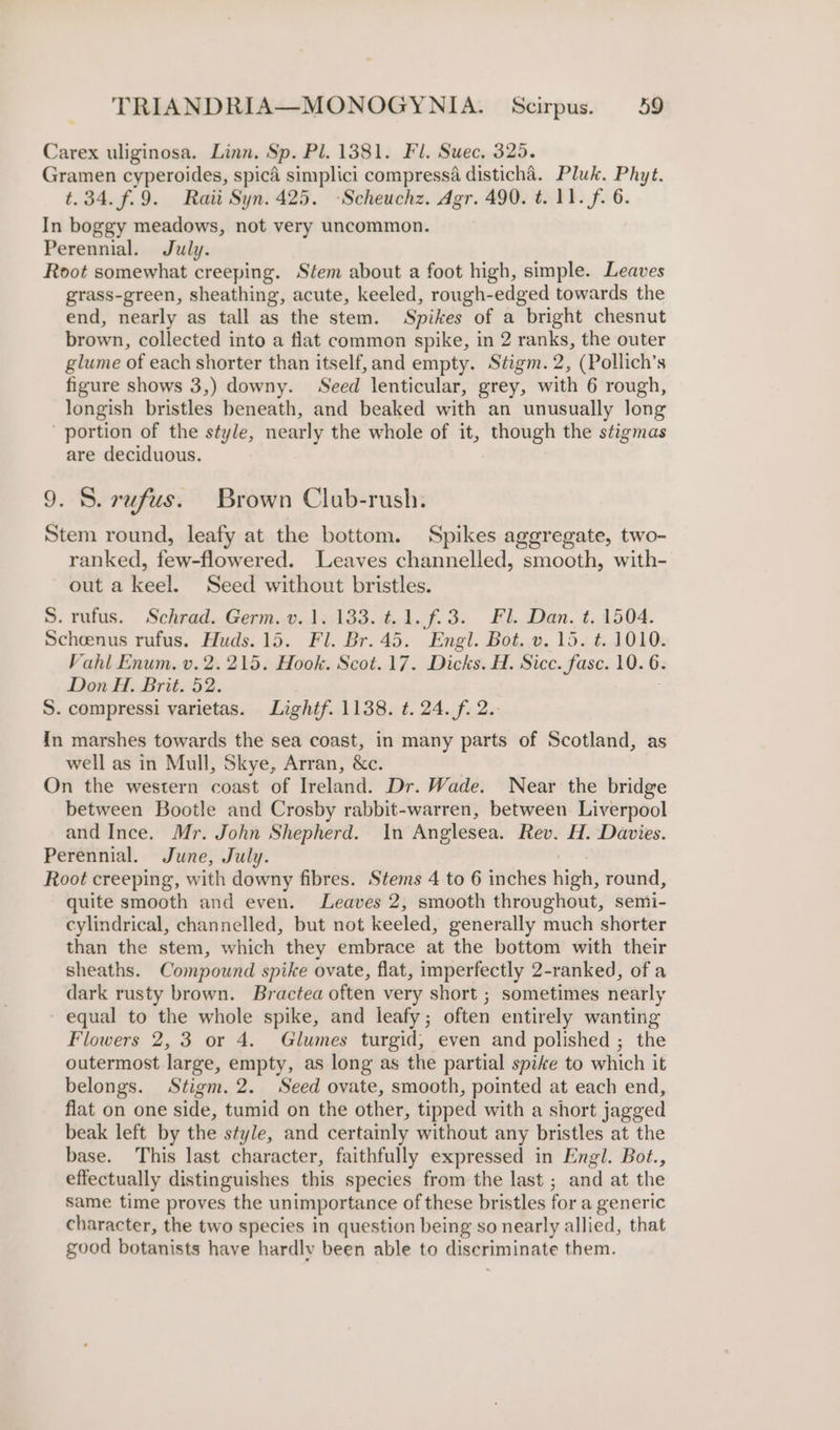 Carex uliginosa. Linn. Sp. Pl. 1381. Fl. Suec, 325. Gramen cyperoides, spica simplici compressa disticha. Pluk. Phyt. t.34.f.9. Raii Syn. 425. -Scheuchz. Agr. 490. t. 11. f. 6. In boggy meadows, not very uncommon. Perennial. July. Root somewhat creeping. Stem about a foot high, simple. Leaves grass-green, sheathing, acute, keeled, rough-edged towards the end, nearly as tall as the stem. Spikes of a bright chesnut brown, collected into a flat common spike, in 2 ranks, the outer glume of each shorter than itself, and empty. Stigm.2, (Pollich’s figure shows 3,) downy. Seed lenticular, grey, with 6 rough, longish bristles beneath, and beaked with an unusually long portion of the style, nearly the whole of it, though the stigmas are deciduous. 9. S. rufus. Brown Club-rush. Stem round, leafy at the bottom. Spikes aggregate, two- ranked, few-flowered. Leaves channelled, smooth, with- out a keel. Seed without bristles. S. rufus. Schrad. Germ. v. 1. 133. t.1.f.3. Fl. Dan. t. 1504. Scheenus rufus. Huds. 15. Fl. Br. 45. Engl. Bot. v. 15. t. 1010. Vahl Enum. v. 2.215. Hook. Scot. 17. Dicks. H. Sicc. fase. 10. 6. Don H. Brit. 52. S. compressi varietas. Lightf. 1138. t. 24. f. 2. In marshes towards the sea coast, in many parts of Scotland, as well as in Mull, Skye, Arran, &amp;e. On the western coast of Ireland. Dr. Wade. Near the bridge between Bootle and Crosby rabbit-warren, between Liverpool and Ince. Mr. John Shepherd. In Anglesea. Rev. H. Davies. Perennial. June, July. Root creeping, with downy fibres. Stems 4 to 6 inches igh, round, quite smooth and even. Leaves 2, smooth throughout, semi- cylindrical, channelled, but not keeled, generally much shorter than the stem, which they embrace at the bottom with their sheaths. Compound spike ovate, flat, imperfectly 2-ranked, of a dark rusty brown. Bractea often very short ; sometimes nearly - equal to the whole spike, and leafy; often entirely wanting Flowers 2, 3 or 4. Glumes turgid, even and polished ; the outermost large, empty, as long as the partial spike to which it belongs. Stigm. 2. Seed ovate, smooth, pointed at each end, flat on one side, tumid on the other, tipped with a short jagged beak left by the style, and certainly without any bristles at the base. This last character, faithfully expressed in Engl. Bot., effectually distinguishes this species from the last ; and at the same time proves the unimportance of these bristles for a generic character, the two species in question being so nearly allied, that good botanists have hardly been able to dise riminate them.