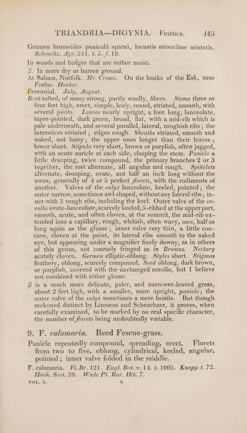 Gramen bromoides panicula sparsd, locustis minoribus aristatis. Scheuchz. dor. 511. ¢:5.f. 19. In woods and hedges that are rather moist. 6. In more dry or barren ground. At Saham, Norfolk. Mr. Crowe. On the banks of the Esk, near Forfar. Hooker. Perennial. July, August. Root tufted, of many strong, partly woolly, fibres. Stems three or four feet high, erect, simple, leafy, round, striated, smooth, with several joints. Leaves nearly upright, a foot long, lanceolate, taper-pointed, dark green, broad, flat, with a mid-rib which is pale underneath, and several parallel, lateral, roughish ribs ; the interstices striated ; edges rough. Sheaths striated, smooth and naked, not hairy; the upper ones longer than their leaves ; lower short. Stipula very short, brown or purplish, often jagged, with an acute auricle at each side, clasping the stem. Panicle a little drocping, twice compound, the primary branches 2 or 3 together, the rest alternate, all angular and rough. Spikelets alternate, drooping, ovate, not half an inch long without the awns, generally of 4 or 5 perfect florets, with the rudiments of another. Valves of the calyx lanceolate, keeled, pointed ; the outer narrow, sometimes awl-shaped, withoutany lateral ribs ; in- ner with 3 rough ribs, including the keel. Outer valve of the co- rolla ovate-lanceolate, scarcely keeled, 5-ribbed at the upper part, smooth, acute, and often cloven, at the summit, the mid-rib ex- tended into a capillary, rough, whitish, often wavy, awn, half as long again as the glume ; inner valve very thin, a little con- cave, cloven at the point, its lateral ribs smooth to the naked eye, but appearing under a magnifier finely downy, as in others of this genus, not coarsely fringed as in Bromus. Nectary acutely cloven. Germen elliptic-oblong. Styles short. Stigmas feathery, oblong, scarcely compound. Seed oblong, dark brown, or purplish, covered with the unchanged corolla, but I believe not combined with either glume. _ @ is a much more delicate, paler, and narrower-leaved grass, about 2 feet high, with a smaller, more upright, panicle; the outer valve of the calyx sometimes a mere bristle. But though reckoned distinct by Linneus and Scheuchzer, it proves, when carefully examined, to be marked by no real specific character, the number of florets being undoubtedly variable. _ 9. F. calamaria. Reed Fescue-grass. Panicle repeatedly compound, spreading, erect. Florets from two to five, oblong, cylindrical, keeled, angular, pointed ; inner valve folded in the middle. F. calamaria. Fl. Br. 121. Engl. Bot. v.14. t. 1005. Knapp t. 72. Hook. Scot.39. Wade Pl. Rar. Hib. 7. VOL, I. i