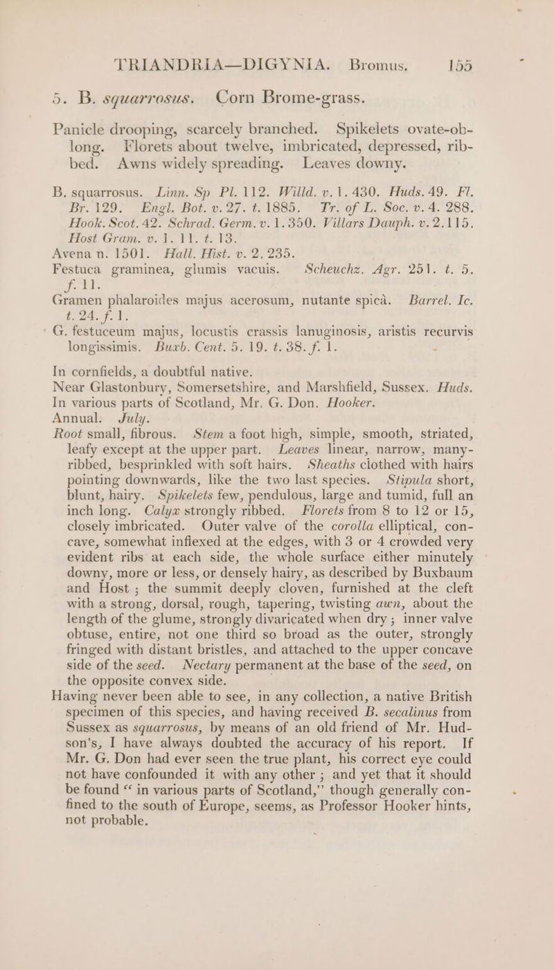 5. B. squarrosus. Corn Brome-grass. Panicle drooping, scarcely branched. Spikelets ovate-ob- long. Florets about twelve, imbricated, depressed, rib- bed. Awns widely spreading. Leaves downy. B. squarrosus. Linn. Sp Pl. 112. Willd. v.1.430. Huds.49. Fl. Br.129. Engl, Bot. v.27. t..1885, Tr. of L. Soe, v. 4. 288. Hook. Scot. 42. Schrad. Germ. v. 1.350. Villars Dauph. v. 2.115. Piokt. Grigns 0. FY. ¢. PS: Avena n. 1501. Hall. Hist. v. 2.235. Festuca graminea, glumis vacuis. Scheuchz. Agr. 251. t. 5. cate Gramen phalaroides majus acerosum, nutante spica. Barrel. Ic. 24.7.1: ' G. festuceum majus, locustis crassis lanuginosis, aristis recurvis longissimis. Buaxb. Cent. 5.19. t. 38. f. 1. 7 In cornfields, a doubtful native. Near Glastonbury, Somersetshire, and Marshfield, Sussex. Huds. In various parts of Scotland, Mr. G. Don. Hooker. Annual. July. Root small, fibrous. Stem a foot high, simple, smooth, striated, leafy except at the upper part. Leaves linear, narrow, many- ribbed, besprinkled with soft hairs. Sheaths clothed with hairs pointing downwards, like the two last species. Stipula short, blunt, hairy. Spikelets few, pendulous, large and tumid, full an inch long. Calyx strongly ribbed. Florets from 8 to 12 or 15, closely imbricated. Outer valve of the corolla elliptical, con- cave, somewhat inflexed at the edges, with 3 or 4 crowded very evident ribs at each side, the whele surface either minutely downy, more or less, or densely hairy, as described by Buxbaum and Host; the summit deeply cloven, furnished at the cleft with a strong, dorsal, rough, tapering, twisting awn, about the length of the glume, strongly divaricated when dry ; inner valve obtuse, entire, not one third so broad as the outer, strongly fringed with distant bristles, and attached to the upper concave side of the seed. Nectary permanent at the base of the seed, on the opposite convex side. : Having never been able to see, in any collection, a native British specimen of this species, and having received B. secalinus from Sussex as squarrosus, by means of an old friend of Mr. Hud- son’s, I have always doubted the accuracy of his report. If Mr. G. Don had ever seen the true plant, his correct eye could not have confounded it with any other ; and yet that it should be found “ in various parts of Scotland,” though generally con- fined to the south of Europe, seems, as Professor Hooker hints, not probable.