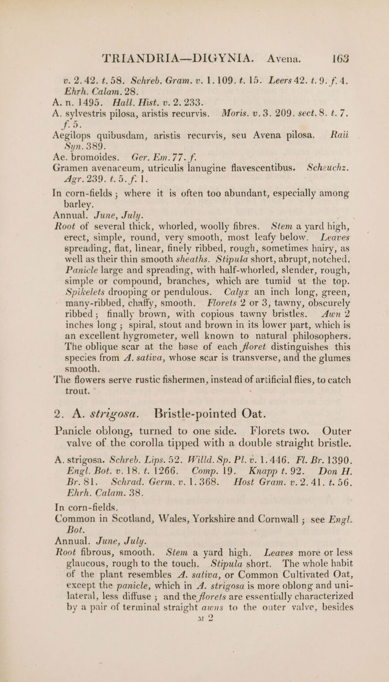 v. 2.42. t.58. Schreb. Gram. v. 1.109. t. 15. Leers 42. t.9. f. 4. Ehrh. Calam., 28. A.n. 1495. Hall. Hist. v. 2. 233. A. sylvestris pilosa, aristis recurvis. Moris. v.3. 209. sect.8. t.7. Aegilops quibusdam, aristis recurvis, seu Avena pilosa, Raii Syn. 389. Ae. bromoides. Ger. Em.77. f. Gramen avenaceum, utriculis lanugine flavescentibus. Scheuchz. Agr.239.t.5.f- 1. In corn-fields ; where it is often too abundant, especially among barley. Annual. June, July. aA oy Root of several thick, whorled, woolly fibres. Stem a yard high, erect, simple, round, very smooth, most leafy below. Leaves spreading, flat, linear, finely ribbed, rough, sometimes hairy, as well as their thin smooth sheaths. Stiputa short, abrupt, notched. Panicle large and spreading, with half-whorled, slender, rough, simple or compound, branches, which are tumid at the top. Spikelets drooping or pendulous. Calyx an inch long, green, many-ribbed, chaffy, smooth. Florets 2 or 3, tawny, obscurely ribbed; finally brown, with copious tawny bristles. Awn 2 inches long ; spiral, stout and brown in its lower part, which is an excellent hygrometer, well known to natural philosophers. The oblique scar at the base of each floret distinguishes this species from 4. sativa, whose scar is transverse, and the glumes smooth. The flowers serve rustic fishermen, instead of artificial flies, to catch trout. © 2. A. stregosa. Bristle-pointed Oat. Panicle oblong, turned to one side. Florets two. Outer valve of the corolla tipped with a double straight bristle. A. strigosa. Schreb. Lips. 52. Willd. Sp. Pl. v. 1.446. Fl. Br. 1390. Engl. Bot. v.18. t. 1266. Comp.19. Knapp t.92. Don H. Br.81. Schrad. Germ, v. 1.368. Host Gram. v. 2.41. t. 56. Ehrh, Calam. 38. In corn-fields. Common in Scotland, Wales, Yorkshire oe Cornwall ; see Engl. Bot. Annual. June, July. Root fibrous, smooth. Stem a yard high. Leaves more or less glaucous, rough to the touch. Stipula short. The whole habit of the plant resembles 4. sativa, or Common Cultivated Oat, except the panicle, which in A. strigosa is more oblong and uni- lateral, less diffuse ; and the florets are essentially characterized by a pair of terminal straight awns to the outer valve, besides