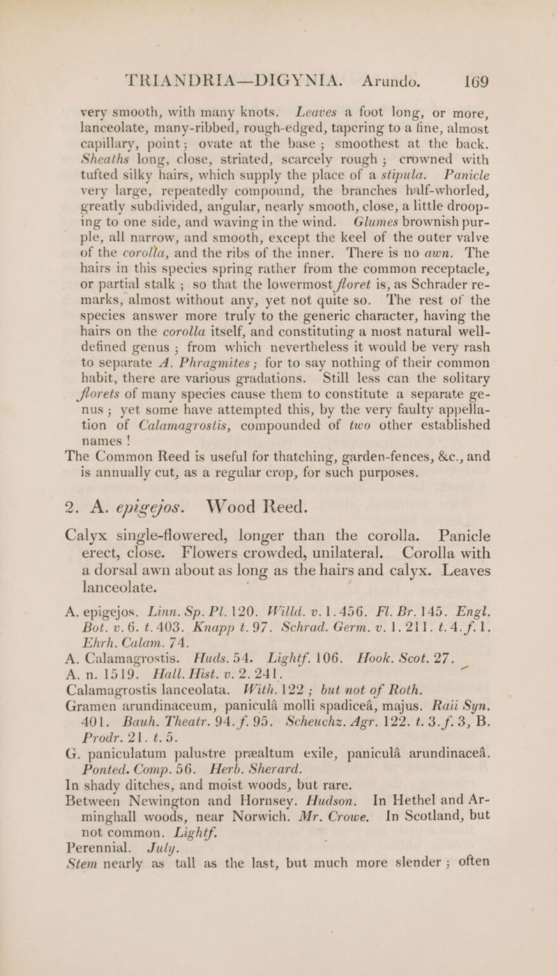 very smooth, with many knots. Leaves a foot long, or more, lanceolate, many-ribbed, rough-edged, tapering to a fine, almost capillary, point; ovate at the base ; smoothest at the back. Sheaths long, close, striated, scarcely rough ; crowned with tufted silky hairs, which supply the place of a stipula. Panicle very large, repeatedly compound, the branches half-whorled, greatly subdivided, angular, nearly smooth, close, a little droop- ing to one side, and waving in the wind. Glumes brownish pur- ple, all narrow, and smooth, except the keel of the outer valve of the corolla, and the ribs of the inner. There is no awn. The hairs in this species spring rather from the common receptacle, or partial stalk ; so that the lowermost floret is, as Schrader re- marks, almost without any, yet not quite so. The rest of the species answer more truly to the generic character, having the hairs on the corolla itself, and constituting a most natural well- defined genus ; from which nevertheless it would be very rash to separate 4. Phragmites ; for to say nothing of their common habit, there are various gradations. Still less can the solitary Jlorets of many species cause them to constitute a separate ge- nus; yet some have attempted this, by the very faulty appella- tion of Calamagrostis, compounded of two other established names ! The Common Reed is useful for thatching, garden-fences, Ge and is annually cut, as a regular crop, for such purposes. 2. A. epgejos. Wood Reed. Calyx single-flowered, longer than the corolla. Panicle erect, close. Flowers crowded, unilateral. Corolla with a eal awn about as long as te hairs and calyx. Leaves lanceolate. A. epigejos. Linn. Sp. Pl. 120. Willd. v.1.456. Fl. Br.145. Engl. Bot. v.6. t.403. Knapp t.97. Schrad. Germ. v.1.211. t.4.f.1. Ehrh. Calam. 74. A. Calamagrostis. Huds.54. Lightf. 106. Hook. Scot. 27. A.n. 1519. Hall. Hist. v. 2.241. Calamagrostis lanceolata. With.122; but not of Roth. Gramen arundinaceum, panicula molli spadiceé, majus. Raii Syn. 401. Bauh. Theatr. 94. f.95. Scheuchz. Agr. 122. t.3.f.3, B. Prodr. 21. ¢. 5. G. paniculatum palustre prealtum exile, paniculé arundinacea. Ponted. Comp.56. Herb. Sherard. In shady ditches, and moist woods, but rare. Between Newington and Hornsey. Hudson. In Hethel and Ar- minghall woods, near Norwich. Mr. Crowe. In Scotland, but not common. Lightf. Perennial. July. Stem nearly as tall as the last, but much more slender ; often