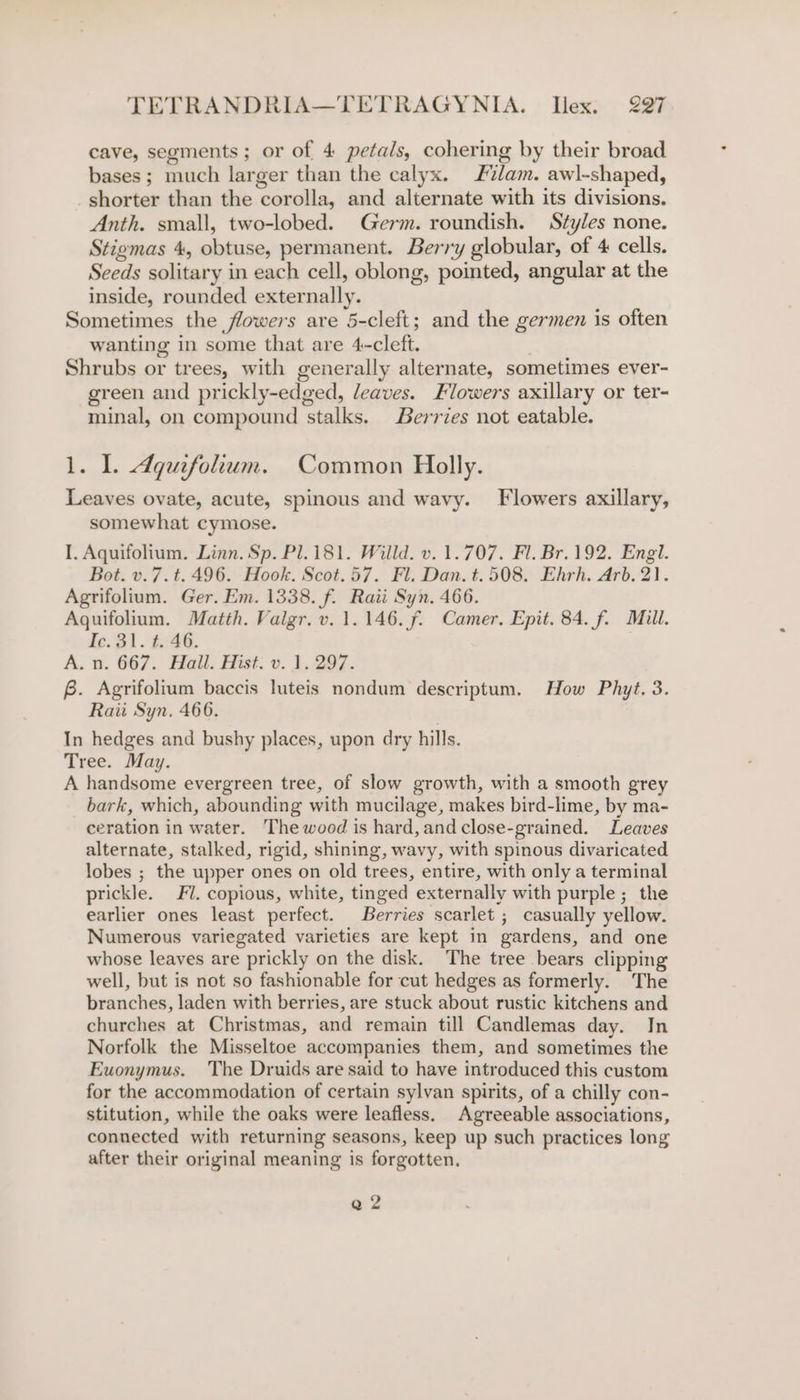 cave, segments ; or of 4 petals, cohering by their broad bases; much larger than the calyx. F7lam. awl-shaped, shorter than the corolla, and alternate with its divisions. Anth. small, two-lobed. Germ. roundish. Styles none. Stigmas 4, obtuse, permanent. Berry globular, of 4 cells. Seeds solitary in each cell, oblong, pointed, angular at the inside, rounded externally. Sometimes the flowers are 5-cleft; and the germen is often wanting in some that are 4-cleft. | Shrubs or trees, with generally alternate, sometimes ever- green and prickly-edged, leaves. Flowers axillary or ter- minal, on compound stalks. Berrzes not eatable. 1. I. Aguifolium. Common Holly. Leaves ovate, acute, spinous and wavy. Flowers axillary, somewhat cymose. I. Aquifolium. Linn. Sp. Pl.181. Willd. v. 1.707. Fl. Br. 192. Engl. Bot. v.7.t. 496. Hook. Scot.57. Fl. Dan. t.508. Ehrh. Arb. 21. Agrifolium. Ger. Em. 1338. f. Raii Syn. 466. Aguifolium. Matth. Valgr.v. 1.146. f. Camer. Epit. 84. f. Mill. Ie. 31. £. 46, A. n. 667. Hail. Hist. v. 1.297. f. Agrifolium baccis luteis nondum descriptum. How Phyt, 3. Raii Syn, 466. In hedges and bushy places, upon dry hills. Tree. May. A handsome evergreen tree, of slow growth, with a smooth grey bark, which, abounding with mucilage, makes bird-lime, by ma- ceration in water. The wood is hard, and close-grained. Leaves alternate, stalked, rigid, shining, wavy, with spinous divaricated lobes ; the upper ones on old trees, entire, with only a terminal prickle. Fl. copious, white, tinged externally with purple; the earlier ones least perfect. Berries scarlet ; casually yellow. Numerous variegated varieties are kept in gardens, and one whose leaves are prickly on the disk. The tree bears clipping well, but is not so fashionable for cut hedges as formerly. The branches, laden with berries, are stuck about rustic kitchens and churches at Christmas, and remain till Candlemas day. In Norfolk the Misseltoe accompanies them, and sometimes the Euonymus. The Druids are said to have introduced this custom for the accommodation of certain sylvan spirits, of a chilly con- stitution, while the oaks were leafless. Agreeable associations, connected with returning seasons, keep up such practices long after their original meaning is forgotten. Qi 2