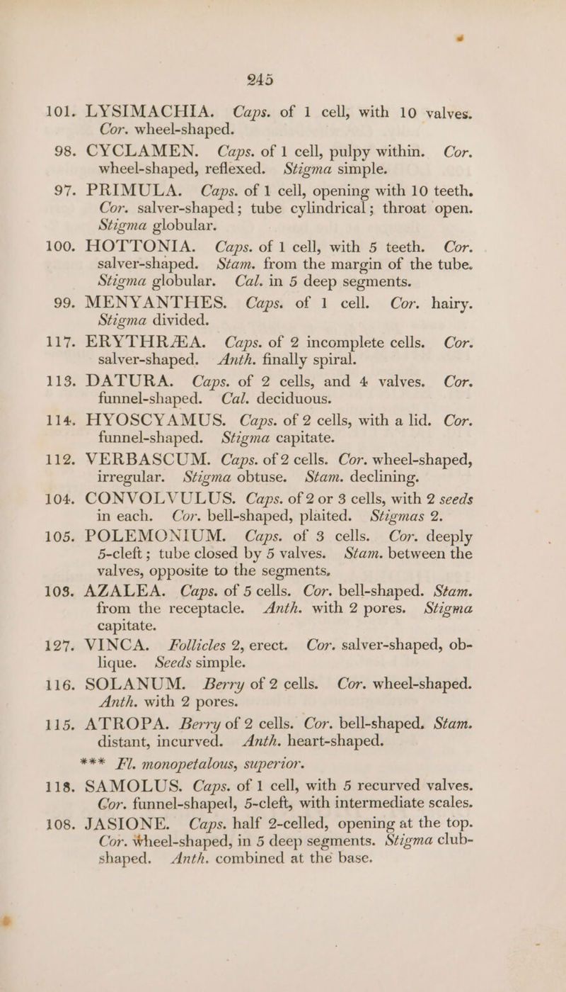 LYSIMACHIA. Caps. of 1 cell, with 10 valves. Cor. wheel-shaped. CYCLAMEN. Caps. of 1 cell, pulpy within. Cor. wheel-shaped, reflexed. Stigma simple. PRIMULA. Caps. of 1 ceil, opening with 10 teeth. Cor. salver-shaped; tube cylindrical; throat open. Stigma globular. HOTTONIA. Caps. of 1 cell, with 5 teeth. Cor. salver-shaped. Stam. from the margin of the tube. Stigma globular. Cal. in 5 deep segments. MENYANTHES. | Caps. of 1 cell. Cor. hairy. Stzgma divided. salver-shaped. Anth. finally spiral. funnel-shaped. Cal. deciduous. funnel-shaped. Stzgma capitate. irregular. Stigma obtuse. Stam. declining. in each. Cor. bell-shaped, plaited. Stzgmas 2. 5-cleft ; tube closed by 5 valves. Stam. between the valves, opposite to the segments, from the receptacle. Anth. with 2 pores. Stigma capitate. lique. Seeds simple. Anth. with 2 pores. distant, incurved. Anth. heart-shaped. *** Fl. monopetalous, superior. Cor. funnel-shaped, 5-cleft, with intermediate scales. JASIONE. Caps. half 2-celled, opening at the top. Cor. wheel-shaped, in 5 deep segments. Stigma club- shaped. Anth. combined at the base.