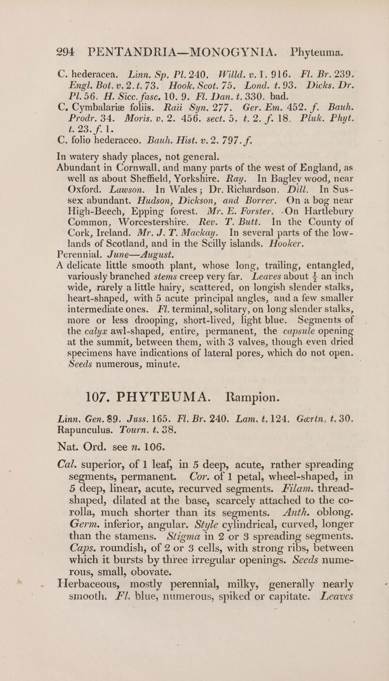 C. hederacea. Linn. Sp, Pl. 240. Willd. v. 1.916. Fl. Br. 239. Engl. Bot.v.2.t.73. Hook. Scot. 75. Lond. t.93. Dicks. Dr. Pl.56. H. Sicc. fasc. 10. 9. Fl. Dan. t. 330. bad. C, Cymbalariz foliis. Raii Syn. 277. Ger. Em. 452. f. Bauh. Prodr. 34. Moris. v. 2. 456. sect. 5. ¢. 2. f. 18. Pluk. Phyt. i 23. f- 1 C. folio hederaceo. Bauh. Hist. v. 2.797. f. In watery shady places, not general. ; Abundant in Cornwall, and many parts of the west of England, as well as about Sheffield, Yorkshire. Ray. In Bagley wood, near Oxford. Lawson. In Wales; Dr. Richardson. Dill. In Sus- sex abundant. Hudson, Dickson, and Borrer. On a bog near High-Beech, Epping forest. Mr. E. Forster. -On Hartlebury Common, Worcestershire. Rev. T. Butt. In the County of Cork, Ireland. Mr. J.T. Mackay. In several parts of the low- lands of Scotland, and in the Scilly islands. Hooker. Perennial. June—August. A delicate little smooth plant, whose long, trailing, entangled, variously branched stems creep very far. Leaves about 4 an inch wide, rarely a little hairy, scattered, on longish slender stalks, heart-shaped, with 5 acute principal angles, and a few smaller intermediate ones. FJ. terminal, solitary, on long slender stalks, more or less drooping, short-lived, light blue. Segments of the calyx awl-shaped, entire, permanent, the capsule opening at the summit, between them, with 3 valves, though even dried specimens have indications of lateral pores, which do not open. Seeds numerous, minute. : 107. PHYTEUMA. Rampion. Linn. Gen. 89. Juss. 165. Fl. Br. 240. Lam. t.124. Garin, t. 30. Rapunculus. Tourn. t. 38. Nat. Ord. see 7. 106. Cal, superior, of 1 leaf, in 5 deep, acute, rather spreading segments, permanent. Cor. of 1 petal, wheel-shaped, in 5 deep, linear, acute, recurved segments. /i/am. thread- shaped, dilated at the base, scarcely attached to the co- rolla, much shorter than its segments. Anth. oblong. Germ. inferior, angular. Style cylindrical, curved, longer than the stamens. Stigma in 2 or 3 spreading segments. Caps. roundish, of 2 or 3 cells, with strong ribs, between which it bursts by three irregular openings. Seeds nume- rous, small, obovate. Herbaceous, mostly perennial, milky, generally nearly smooth, £7. blue, numerous, spiked or capitate. Lcaves