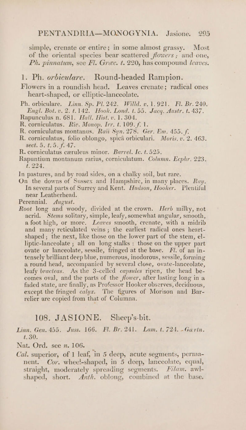 simple, crenate or entire; in some almost grassy. Most of the oriental species bear scattered flowers ; and one, Ph. pinnatum, see £1. Greec. t. 220, has compound leaves. 1. Ph. orbiculare. Round-headed Rampion. Flowers in a roundish head. Leaves crenate; radical ones heart-shaped, or elliptic-lanceolate. Ph. orbiculare. Linn. Sp. Pl. 242. Willd. v.1.921. Fl. Br. 240. Engl. Bot. v. 2. t.142. Hook. Lond. t.55. Jacq. Austr. t. 437. Rapunculus n. 681. Hall. Hist. v. 1. 304. R. corniculatus. Riv. Monop. Irr. t.109.f. 1. R. corniculatus montanus. Raii Syn. 278. Ger. Em. 455. f. R. corniculatus, folio oblongo, spica orbiculari. Moris. v. 2. 463. sect. 5. t.5. f. 47. R. corniculatus ceruleus minor. Barrel. Ic. t.525. Rapuntium montanum rarius, corniculatum. Column. Ecphr. 223. t. 224. In pastures, and by road sides, on a chalky soil, but rare. On the downs of Sussex and Hampshire, in many places. Ray. In several parts of Surrey and Kent. Hudson, Hooker. Plentiful near Leatherhead. : Perennial. August. Root long and woody, divided at the crown. Herb milky, not acrid. Stems solitary, simple, leafy, somewhat angular, smooth, afoot high, or more. Leaves smooth, crenate, with a midrib and many reticulated veins ; the earliest radical ones heart- shaped; the next, like those on the lower part of the stem, el- liptic-lanceolate ; all on long stalks : those on the upper part ovate or lanceolate, sessile, fringed at the base. Fl. of an in- tensely brilliant deep blue, numerous, inodorous, sessile, forming around head, accompanied by several close, ovate-lanceolate, leafy bracteas. As the 3-celled capsules ripen, the head be- comes oval, and the parts of the flower, after lasting long in a faded state, are finally, as Professor Hooker observes, deciduous, except the fringed calyx. ‘The figures of Morison and Bar- relier are copied from that of Columna. 108. JASIONE. Sheep’s-bit. Linn. Gen. 455. Juss. 166. Fl. Br. 241. Lam, t. 724. -Ga@rin. baat. Nat. Ord. see n. 106. _ Cal. superior, of 1 leaf, in 5 deep, acute segments, perma- nent. Cor. whee!-shaped, in 5 deep, lanceolate, equal, straight, moderately spreading segments. ¢/am. awl- shaped, short. Anth. oblong, combined at the base.