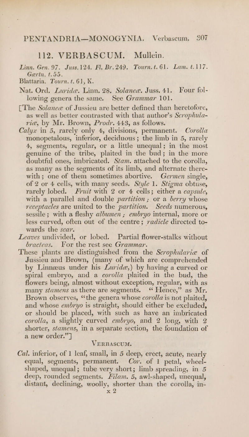 112. VERBASCUM. Mullein. Linn. Gen. 97. Juss.124. Fl. Br. 249. Tourn.t.61. Lam. t.117. Gertn. t.55. Blattaria. Tourn. t. 6), K. Nat. Ord. Luride. Linn. 28. Solanee. Juss. 41. Four fol- lowing genera the same. See Grammar 101. [The Solanee of Jussieu are better defined than heretofore, as well as better contrasted with that author’s Scrophula- rie, by Mr. Brown, Prodr. 443, as follows. Calyx in 5, rarely only 4, divisions, permanent. Corolla monopetalous, inferior, deciduous; the limb in 5, rarely 4, segments, regular, or a little unequal; in the most genuine of the tribe, plaited in the bud; in the more doubtful ones, imbricated. Stam. attached to the corolla, as many as the segments of its limb, and alternate there- with ; one of them sometimes abortive. Germen single, of 2 or 4 cells, with many seeds. Style 1. Stigma obtuse, rarely lobed. Fruit with 2 or 4 cells; either a capsule, with a parallel and double partition ; or a berry whose receptacles are united to the partition. Seeds numerous, sessile; with a fleshy albumen ; embryo internal, more or less curved, often out of the centre; radicle directed to- wards the scar. | Leaves undivided, or lobed. Partial flower-stalks without bracteas. For the rest see Grammar. These plants are distinguished from the Scrophularie of Jussieu and Brown, (many of which are comprehended by Linnzeus under his Luride,) by having a curved or spiral embryo, and a corolia plaited in the bud, the flowers being, almost without exception, regular, with as many stamens as there are segments. “ Hence,” as Mr. Brown observes, ‘the genera whose corolla is not plaited, and whose embryo is straight, should either be excluded, or should be placed, with such as have an imbricated corolla, a slightly curved embryo, and 2 long, with 2 shorter, stamens, in a separate section, the foundation of a new order.” ] VERBASCUM. Cal. inferior, of 1 leaf, small, in 5 deep, erect, acute, nearly equal, segments, permanent. Cor. of 1 petal, wheel- shaped, unequal; tube very short; limb spreading, in 5 deep, rounded segments. /ilam. 5, awl-shaped, unequal, distant, declining, woolly, shorter than the corolla, in- x 2
