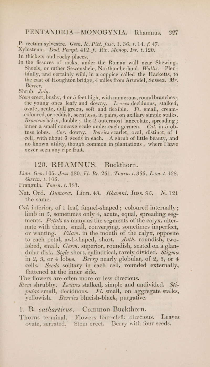 P. rectum sylvestre. Gesn. Ic. Pict. fasc. 1. 36. t. 14. f. 47. Xylosteum. Dod. Pempt. 412. f. Riv. Monop. Irr. t.120. In thickets and rocky places. In the fissures of rocks, under the Roman wall near Shewing- Sheels, or rather Sewenshele, Northumberland. Wallis. Plen- tifully, and certainly wild, in a coppice called the Hacketts, to the east of Houghton bridge, 4 miles from Arundel, Sussex. Mr. Borrer. Shrub. July. Stem erect, bushy, 4 or 5 feet high, with numerous, round branches ; the young ones leafy and downy. Leaves deciduous, stalked, ovate, acute, dull green, soft and flexible. Fl. small, cream- coloured, or reddish, scentless, in pairs, on axillary simple stalks. Bracieas hairy, double ; the 2 outermost lanceolate, spreading ; inner a small concave scale under each germen. Cal. in 5 ob- tuse lobes. Cor. downy. Berries scarlet, oval, distinct, of 1 cell, with about 6 seeds in each. A shrub of little beauty, and no known utility, though common in plantations ; where I have never seen any ripe fruit. 120. RHAMNUS. Buckthorn. Linn. Gen. 105. Juss.380. Fl. Br. 261. Tourn. t.366. Lam. t. 128. Gerin. t. 106. Frangula. Tourn. t. 383. Nat. Ord. Dumose. Linn. 43. Rhamni. Juss. 95. N. 121 the same. , Cal. inferior, of 1 leaf, funnel-shaped ; coloured internally ; limb in 5, sometimes only 4, acute, equal, spreading seg- ments. Petals as many as the segments of the calyx, alter- nate with them, small, converging, sometimes imperfect, or wanting. Jam. in the mouth of the calyx, opposite to each petal, awl-shaped, short. -Anth. roundish, two- lobed, small. Germ. superior, roundish, seated on a glan- | dular disk. Style short, cylindrical, rarely divided. St2gma in 2, 3, or 4 lobes. Berry nearly globular, of 2, 3, or 4 cells. Seeds solitary in each cell, rounded externally, flattened at the inner side. The flowers are often more or less dicecious. Stem shrubby. eaves stalked, simple and undivided. Séz- pulas small, deciduous. #7. small, on aggregate stalks, yellowish.. Berries blueish-black, purgative. 1. R. eatharticus. Common Buckthorn. Thorns terminal. Flowers four-cleft; dicecious. Leaves ovate, serrated. Stem erect. Berry with four seeds.