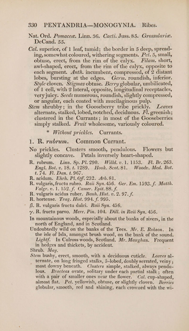 Nat. Ord. Pomacee. Linn. 36. Cacti. Juss. 85. Grossularia. DeCand. 55. Cal. superior, of 1 leaf, tumid; the border in 5 deep, spread- ing, somewhat coloured, withering segments. Pet. 5, small, obtuse, erect, from the rim of the calyx. lam. short, awl-shaped, erect, from the rim of the calyx, opposite to each segment. Anth. incumbent, compressed, of 2 distant lobes, bursting at the edges. Germ. roundish, inferior. Style cloven. Stigmas obtuse. Berry globular, umbilicated, of 1 cell, with 2 lateral, opposite, longitudinal receptacles, very juicy. Seeds numerous, roundish, slightly compressed, or angular, each coated with mucilaginous pulp. Stem shrubby; in the Gooseberry tribe prickly. Leaves alternate, stalked, lobed, notched, deciduous. F/. greenish; clustered in the Currants; in most of the Gooseberries simply stalked. Fruzt wholesome, variously coloured. * Without prickles. Currants. 1. R. rubrum. Common Currant. No prickles. Clusters smooth, pendulous. Flowers but slightly concave. Petals inversely heart-shaped. R. rubrum. Linn. Sp. Pl. 290. Willd. v.1.1153. Fl. Br. 263. Engl. Bot. v.18. t. 1289. Hook. Scot.81. Woodv. Med. Bot. t. 74. Fl. Dan. t. 967. R. acidum. Ehrh. Pl. Off. 232. Arb. 81. R. vulgaris, fructu rubro. Raii Syn.456. Ger. Em. 1593. f. Matth. Valgr. v. 1. 152. f. Camer. Epit. 88. f. R. vulgaris acidus ruber. Bauh. Hist. v. 2. 97. f. R. hortense. Trag. Hist. 994. f. 995. ' 6. R. vulgaris fructu dulci. Rati Syn. 456. y. R. fructu parvo. Merr. Pin. 104. Dill. in Raii Syn. 456. In mountainous woods, especially about the banks of rivers, in the north of England, and in Scotland. Undoubtedly wild on the banks of the Tees. Mr. E. Robson. In the isle of Isla, amongst brush wood, on the bank of the sound. Lightf. In Culross woods, Scotland. Mr. Maughan. Frequent in hedges and thickets, by accident. Shrub. May. : Stem bushy, erect, smooth, with a deciduous cuticle. Leaves al- ternate, on long fringed stalks, 5-lobed, doubly serrated, veiny ; most downy beneath. Clusters simple, stalked, always pendu- lous. Bracteas ovate, solitary under each partial stalk ; often with a pair of smaller ones near the flower. Cal. cup-shaped, almost flat. Pet. yellowish, obtuse, or slightly cloven. Berries globular, smooth, red and shining, each crowned with the wi-