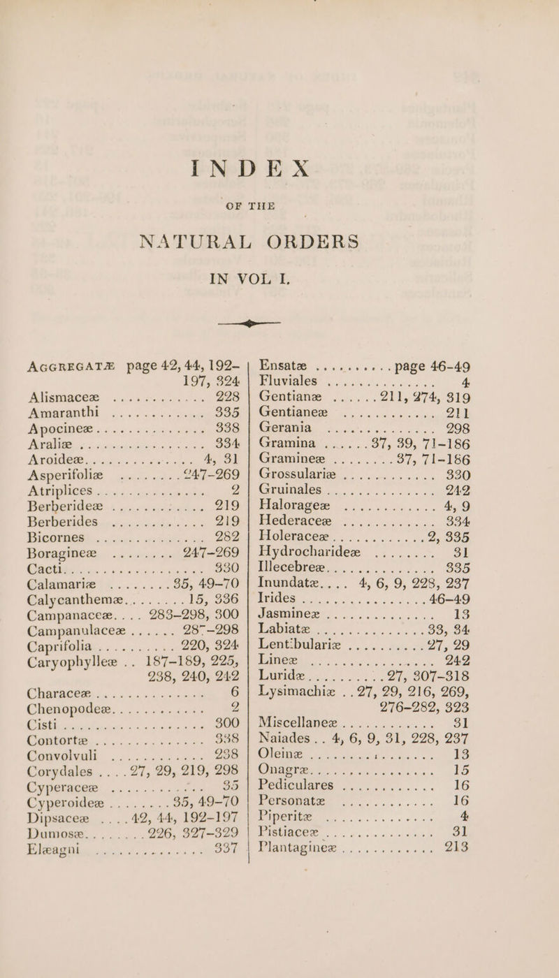 IN VOL LL, ————- AGGREGATE page 42,44,192— | Ensatze .......... page 46-49 TOG 97 F PWVIMIGS oe wae os Aviemncee 22.04 -ooctin 228 | “Gentiane ....... 211, 274, 319 seth. ks oe 2am + Gentianes .....- «+. &lt;0 Zit POON 62 os 4.5 nin Oi ee SSe § Gera) osc e ee ce ss 298 Po Siete sce) Tar 334 | Gramina ...... 37, 39, 71-186 Ph ere 4, 3] | Gramines ........ 37, 71-186 AsperlONe cans ds. “47-969 | Grossularia@ ....-....... 330 a a ee OE EE a nr 242 Ber peride 4 go's age doa dea BUGS DINO wp oo 4, 9 yi 0 ne ore 21.1 -Elcderaces, 2... ioe we 334 ONO lisa s. 5 paws 960.) Holeraces:............ 2, 335 Boragimes.....2 0150 0s 247-269 | Hydrocharidee ........ 31 CM in sb 5 oes raha 350 1 Uleeenres.... . oc eds on 335 @Calamarie «........ 35, 49-70 | Inundate.... 4, 6, 9, 228, 237 Calycantheme........ De Fe ae ok hi cc a a 46-49 Campanacee.... 283-298, 300 PRO ies cn nce ss 13 Campanulacee ...... gees a To 33, 34 Caprieliacs ss... 220, 324 Lentbulariz ES SR oT, 23 Caryophyllee .. 187-189, 225, | Linee ................ 24.2 956, 240, 280 | Laide: .. 24. 27, 307-318 CON a oe os ee a 6 | Lysimachiz . .27, 29, 216, 269, Chenopodes.. 2. 222.24. 2 276-282, 323 oo RT ES eee et as 300 | Miscellanes............ 31 Contorte .............. 338 | Naiades.. 4, 6, 9, 31, 228, 237 ee re ee a i a ea 13 Corydales ....27, 29, 219, 298 ORR Se as co ks 15 CV PORIEER ce kn meee Oa) Feetemiaren ..... ek... .. 16 Cyperoidee ........ 35,49-70 | Pereonate. ............ 16 Dipsaces, ....42, 44, 192-107 | Eiperite. ..........-... 4: Dumose........ 226, 327-929 | Fistiaceze ...... 1 ens 3] oe a re 33,7 | WiaPAOINCR: ns ne pa a 213