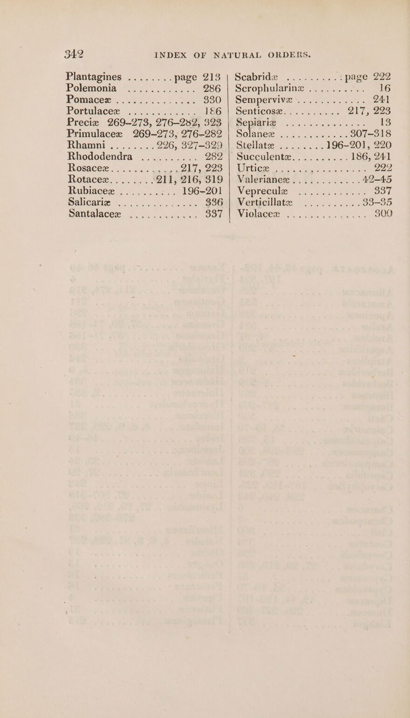 Plantagines ........ page 213 | Scabride ......-..1 page 222 Polemonia 24. esas 286 | Scrophularinge .......... 16 Pomaces. ike. 4. 238 330 | Sempervive.....-.......- 241 Portulaces 3 hea 186 | Senticosze.......... 217, 223 Precie 269~273, 276-252, 328 | Sepiarig .............. 13 Primulacee 269-273, 276-282 Ad be ee ene 307-318 Rhamnt .. .. ...4 296, 327=379:.\ Stellate 2. .36/&lt;. 196-201, 220 Rhododendra .......... 287 | Suceulent2. 02.2... .3 186, 241 Reesaces. ocr oo I a Uitics: 3. ea ee ee 292. Rotacez........ ‘211, 216, 319 | Valerianee ............ 42-45 Rubiaces. .:.... 2.5 196-201 | Vepreeule ............ B37 DANIAN i se nt tae SSG eWW enticillate §. 0... coc: 33-35 antalacer ok. 1. fee BOT | Maolages | o..e2. cee x! 300