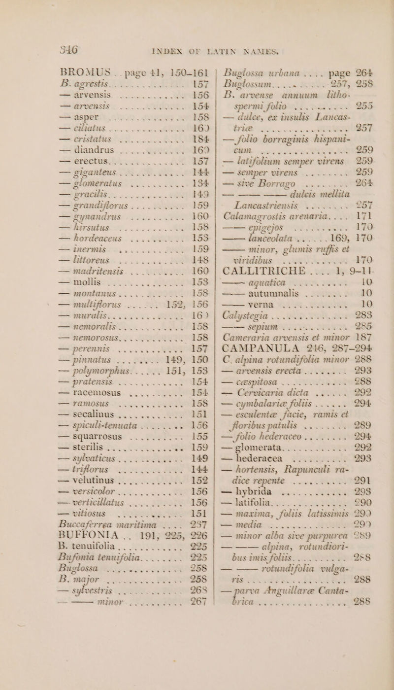 540 BROMUS .. page Blagretis 080... . —FAIGS POR) ek. ck — ciliaius ........ — cristafus 22... — diandrus ._.... ‘ ~re @POCtUS. low. Sk SS — elomeratus Rox — ‘eracilis Bs acticacs , — grandijlorus .. .. — gynandrus .... +S hivsutus........ — hordeaceus ... — gmermis. 6.6.6.5 — littoreus ...... — madritensis..... —mollis ...... aa — montanus ...... — mulitflorus .... — muralis. oo... — nemoralis .. 2... — nemorosus...... = POFERRNIS © os — polymorphus. . .. — pratensis. ...... —racemosus .... — FAMOSUS 2... — secalinus ...... — spiculi-tenuata .. — squarrosus .... — sterilis... . 0. 24 — sylvaticus .... .. —itriflorus ...... — velutinus ...... — versicolor ........ —- verticilatus ..... — vitiosus Y oe eS se ee © e “ee @ ee Tr a SS q &lt;s € ere x € aS eee 2 ee Ye eS Wee 6 B. tenuifolia Bufonia tenuifolia. . Bugtlossa Baawe. &lt; TBS MAZOR | Si — sylvestris 2.2... MINOT... Ss eS See . 4 oe Se 157 156 154 158 16) | Bugilossa urbana .... page 264 Buglossum, 5 pce SOY 257, 258 B. arvense annuum Bike. spermi folio... ...... 255 — dulce, ex insulis Lancas- ey — folio borraginis hispani- So — latifolium semper virens 259 — semper WENO Son wk 259 — stve Borrago ... 1... 264 — ~ dulcis mellita Laneastriensis. ooo. 25 Calamagrostis arenaria,... 171 € pigejos Sh SHER 170 lanceolata... . 169, 170 minor, cipese re offs et eiredebus. . . UL eo sees -470 Ce ea Ee a autumnalis ........ 10 VETHA LAN . Gok ikt -40 Ee +. RDN, aN 283 —— septum o.oo. 285 Cameraria arvensts et minor 187 CAMPANULA 246, 287-294 C. alpina rotundifolia miner 288 — arvensis erecta ........ 293 — ceespitosa .... 2... + $908 2BB — Cervicaria dicta ...... 292 — cymbalarice folits ...... 294 — esculenie facie, ramis et Jloribus patulis Ka os SOE 289 — folio hederaceo ........ 294 — glomerata.......... .. 292 hederacea eVect. BOS — hortensis, Rapuncult ra- dece venenie. .....0. Mx@yveaet othshatde. bans ERE — latifolia... .. cw POR EO® — maxima, foliis latissimis 290 te GROEN Sse: ssancals SOS 299 — minor alba sive purpurea 289 — —— alpina, rotundiort- bus imis foltts.. 2.0... 6. 258 — rotundifolia vulga- Past dP RS. AT SATS reve Anguilare Cantus Wees Ike. aes . ST USEES —