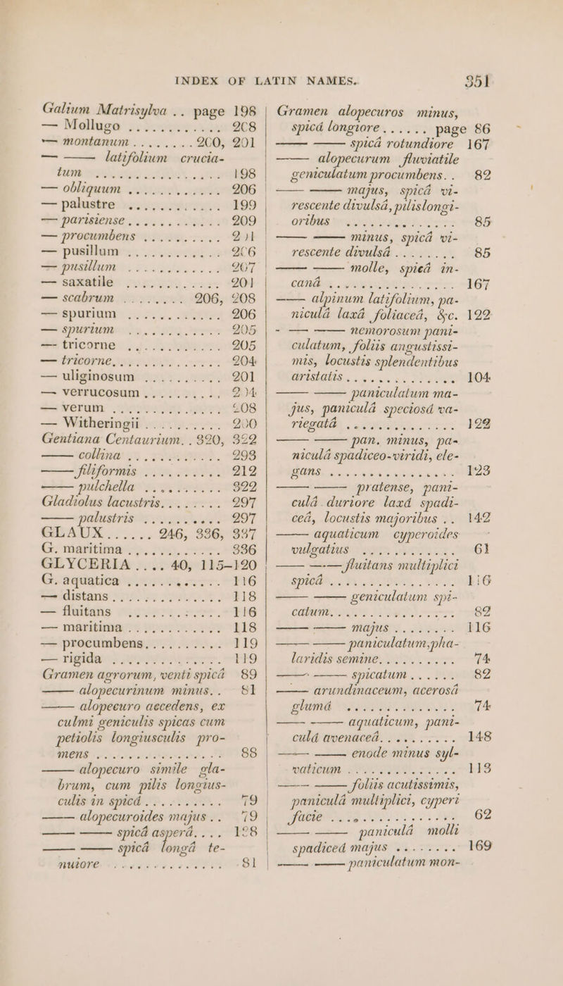 Galium Matrisylva .. page 198 —~' Ma@igga setorpger An 2C8 own MEOMEAMUI ... o.oo 260, 201 ~~ latifolium crucia- FARSI AES LARIG... 488 198 —— oblagupum sviswe\..oms 206 ++ palmdtbeshaoupondirail 199 ao partsionse oe... LORI: 209 — procumbens .......... ZI sae EMG, FINS oi 206 de ae 207 | —~ SARS oye Pou. ee es 201 — scabrum 206, 208 Seaport 6725. ee 206 — SpUrium .... 006 See 205 ee PrCOINE . ob eR 205 &lt;= TMOINE IIH OYIRS ores 204: =~ uligmmenuniiiny ) . wus 201 — verrucosum........., 24: $a WErun OO WERE 1) £08 — Witheringii.......... 200 Gentiana Centaurium. . 320, 322 cothne') . ea. 293 ——filiformis 26 obo. 212 pabchelbtes i Fe RPO 322 Gladiolus lacustris........ 297 PAbastriges 223% i eT GLAUX...... 246, 336, 337 Gr meavitineat:: jy), So 336 GLYCERIA .... 40, 115-120 G. aquatica ...... Ler P06 iporlechistars Sj1S.oy Ye Lar OF 118 — fluitans “josie. ree. 116 — maritima.) Po... 118 —— procumbens,......... 119 = TBM) EPPA gers. 119 Gramen agrorum, venti spica 89 alopecurinum minus.. 81 alopeeuro aecedens, ex culmi geniculis spicas cum petiolis longiusculis pro- ME oho ERRORS D SO 88 alopecuro simile gla- brum, cum pilis longius- CUB IN EPIEE &gt;. ID. . 7S alopecuroides majus.. 79 oe spicd sole or SEES nds spica longa te- WMO cee oes 1 ORY 81 | Gramen alopecuros minus, spicd longiore spica rotundiore alopecurum flwviatile geniculatum procumbens. . majus, spicd vi- rescente divulsa, pulislongi- ortbus minus, spicd vi- rescente divulsa mere #6) 6 xe OO Me eee aw ginal CORDS, . SEBRIUPD oe —— alpinum latifolium, pa- niculd laxd foliaced, &amp;c. ——— Jus, paniculd speciosd va- OGMES . aPRIIID, ors: pan. minus, pa- Naty : tiga nicula spadiceo-viridi, ele- GANS... Bi Vea ie. GMb eo c&amp; fey ® pratense, pant- eula.duriore laxd spadi- ced, locustis majoribus . aquaticum cyperoides URANUS OE OTE —-— fluitans multiplice SPICED 6 Vo IDO, OPO: geniculatum spi- COROTON ISIS LIS oo MARIS . 3 de paniculatum,pha- lavridis semine.......55. eee spicatum...... arundinaceum, acerosa glumd Ci v7 6 Ce oe ese we aquaticum, pani- culd avenaced.......... enode minus syl- vaticum —— Solis acutissimis, panicula multiplict, cypert OMIA Ee panicula moll spadiced majus . paniculatum mon- -@ ors eeree 551 167 82 85 82 116 82 148 62 169