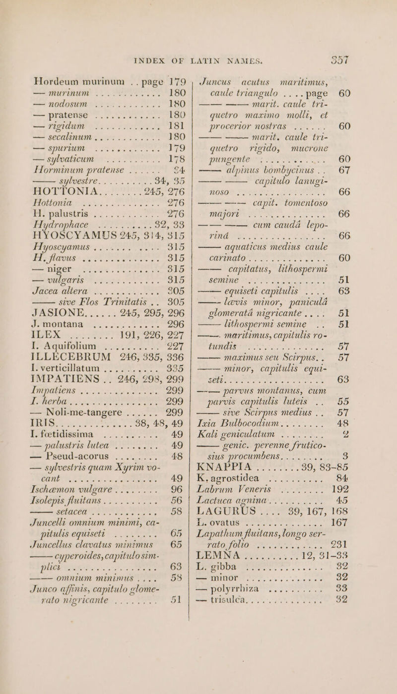 Hordeum murinum .. page 179 — murinum ....8..0.0.0. 180 —— NOMOSUM > i .255....00% 180 = EGON ss ht eee 180 chs ME ole rt 181 — secalinum..vi........ 180 woe LSS eee: 179 — sylvaticum .......... 78 Horminum pratense ...... o4 ar 34, 35 MOTTONIA...2001 245, 276 PIGHONIE eek. 5 ANI 276 H. palustris .. B76 Pid ron aces 3 ON, 32, 33 HYOSCYAMOUS 245, 314, 315 Hyoscyamus ....... 315 Pre feausas oe OE 315 cool. aA a Sema ee 315 BONIS oe OOS oe 315 wees Gucral 0. ak PR 305 sive Flos Trinitatis .. 305 JASIONE......: 245, 295, 296 SPRIGMENS oe kee 296 ILEX TOV <6, 227 Te Aqustoliune: 00755 7S. = 227 ILLECEBRUM 246, 335, 336 Prerticilatum . PS TS. 335 IMPATIENS .. 246, 298, 299 Impatiens .........- ete too St BEN gk SEO 299 — Noli-me-tangere ...... 299 Bree es PO rae tan 38, 48, 49 Pfotidicsamma: ...-....0 2% 49 — palustris lutea ........ 49 a Paeumlcacorus ...'..)>.: 48 — sylvestris quam Xyrim vo- CORE Ly 2 on apt ee 49 Ischemon wulgare........ 96 Isolepis fluitans.......... 56 SEO Oe a Pe 58 Juncelli omnium minimi, ca- pituliseguisett: . oe. 65 Juncellus clavatus minimus 65 cyperordes, capitulo sim- | oy er As aM PD 63 ——— omnium minimus . 58 Junco affinis, capitulo g olome- : 51 rato nigr icante Hoe ee fle ew ©9 Or ~ Juncus acutus maritimus, caule triangulo ....page 60 —— —— marit. caule tri- guetro maximo molli, et procertor WOSITOS Fs... 60 wnat marit. caule ae quetro rigido, mucrone PONDERIO OS FEO es 60 alpinus bombycinus.. 67 ie agg lanugi- ROSOM S98 66 —— —— capit. Poienrane WUFOHE SO eg cig cone ee 66 —— —— cum cauda lepo- SLL ge CO Te ea 66. aquaticus medius caule cirindian’ — ets 60 —— capitatus, lithospermt Seniesa er 5l equisett capitulis Pre Oe —- levis minor, Lichvian glomerata nigricante . . 51 lithospermt semine .. 51 ——~. maritimus, capitulis ro- tundis —— maximus seu Scirpus.. 57 minor, capitulis equi- —~— parvus montanus, cum parvts capitulis luteis BS sive Scirpus medius.. 57 Ixta Frtbocodiim:. 48 Kali geniculatum ........ g genic. perenne frutico- stus procumbens eae 3 BNAGr Ee. et. 39, 83-85 Rragrostidea’ * >) 0 84. Eavrum Veneris* +300... . 192 Dehies azn. ee FS, 45 LAGURUD 27 20, 167, 163 EEOVALUS Gaerne oak. tee 3 167 rs ponies fluitans, longo ser- PUTO Ny. se zo Parc int ges yg FN... 12, 31-33 SEU ree sss = 82 Lys) 1 a a a Ne 32 ——polyfrhiza .......... 33 mr EPISUNC Ay.’ es at ere 32