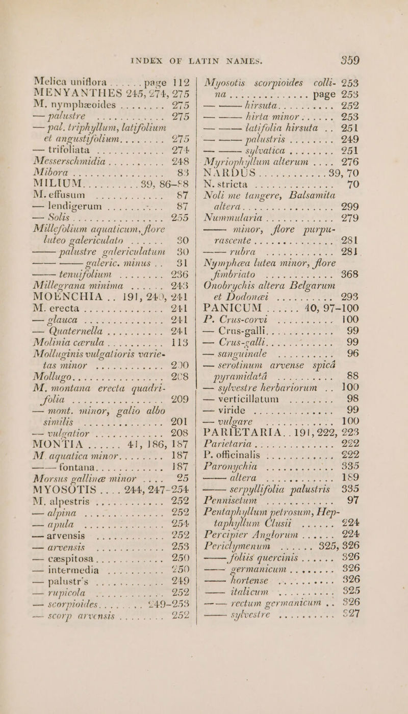 Melica uniflora ZT4, 275 et angustifolium.... O75 a= triveanntey fo RMN She) Q74 Messerschmidia.......... 248 PEO 83 BETES, era 39, 86-£8 Meretasait sry ee 87 —lendigerum .......--.. 87 Semours 2273: fOr 255 Millefolium aquaticum, flore xe ae —— galeric. minus .. $1 —— tenui ifolium it) eee 236 Millegrana minima ...... 24:3 MOENCHIA .. 191, 240, 241 ee Gfecta: FF 22 oP DAL ee CR Ts ts ee 241 — Quaternella ...0...... 241 Molinia cerula .......... i13 Molluginis vulgatioris varie- SAS TAOS PO SS 2.)0 Wrnuges Oe C8 M, montana erecta quadrt- re ey wag ae ee 209 — mont. minor, galio albo RR AAAS OO GRE 201 Se OAIINMOT” eS a 208 WON PEA <!:.°. 41, 186, 187 M. aquatica minor........ 187 wat fontand. 2... oo. 187 Morsus el a minor Pe -Z5 MYOSOTIS .... 244, 247-254 OE. See ee es 252 GN i ee NRE 2572 MEME ss re tee a: 254: MP ArVeIes 2.2 ee. 252 eens 2 253 — cespitosa.... 250 —+. intermedia’ .......... 250 — palustr’s .. PAO — rupicola 252 — scorpioides. . . — scorp arvensis . ae” 6 Z5z Myosotis scorptoides colli- 253 TP conse te ees ea page 253 — a Sa ae 252 —— hirta: minor :..... 253 — —— latifolia hirsuta .. 251 — —— palustris ........ 249 — SYPOROe 9090: 951 Myrioph wlluin alterum .... 276 PLA gee ee ce ee 39, 70 nN. stricta 22. SPR. 70 Noli me tangere, Balsamita Gera: 22.0 6 PRS 299 NMnnmilaria § Pee oe 279 minor, flore purpu- facceme 24 5 oes Pee 281 SS PHOTOES EATS Zs1 | Nymphea lutea minor, flore JOOS 8 ET 368 Onobrychis altera Belgarum Ce Ont et 293 PANICUM '::::- 40, 97-100 We rus-coret = 303 PE = 10 — Crus-galli,........... 59 — Crus-galli...... hic vamelaige 99 — sanguinale Bae career pb 96 — seretinum arvense spica pyrannaea eT. 88 — sylvestre herbariorum .. 100 — verticillatum ........ 98 sae ViThe 2 2 PA, ve UNITE ee aes 100 FARILTARIA. . 191; 222-223 Pavelaia oo Cee: 222 Potrenans ©. Peo oaks 222 | WParorgchte 3 Se ee ler 2 ee ee ee 189 serpyllifolia palustris 335 Pon ee 97 Penta api yllum petrosum, Hep- taphy in els Zo Percipier Anglorum ...... Q94 Pericli ymenum oa 325; 526 Sfoliis Nee oe ee 326 —— germanicum........ 326 Vorigise » athena athe 326 Sees FIMICHI ss nn hate 325 —— rectum germanicum , . 326 ——— SYPVESITE oo cane ee S27