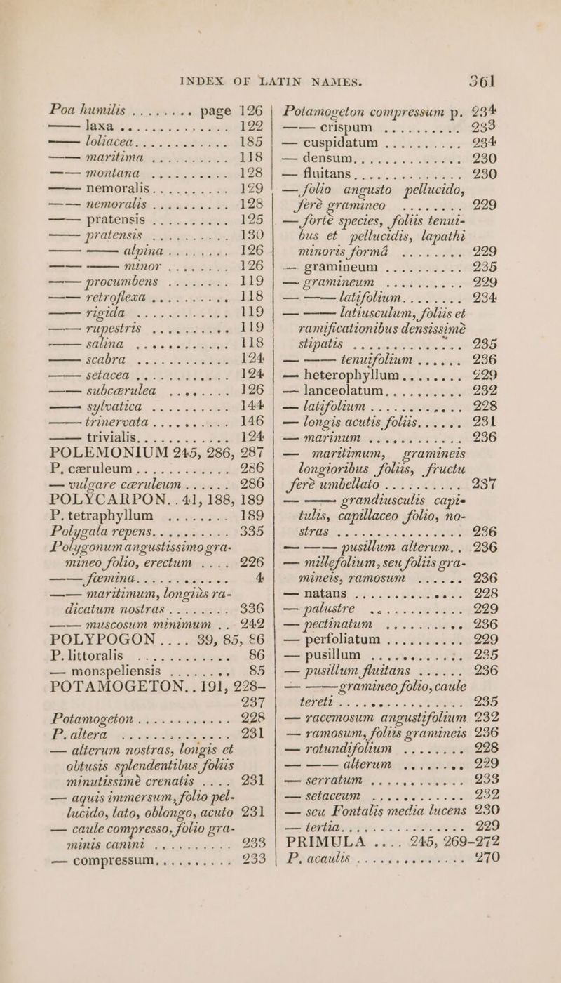 Poa humilis... 65.1.0 page 126 OS ee ee 122 — loliacea............ 185 —— maritima .......... 118 —=—— MONTANA es. owe 128 Hemoragys.... . «a a.. t% 129 —-—— nemoralis .......... 128 —— pratensis .......... 125 PULSER we deevers. was 2 130 ae alpina... 126 —_—— WIROT..- wedelox 126 —— procumbens .....+.. 119 —— retroflera .......-4. 118 | Es eee 119 —— sgererss o« Sete Fell BOLORE, ..« «n= wapleranes 118 ARTE. 5c TA 124 galucde (TALL EA > 124 —— subcaerulea ........ 126 — sylvatica ......,... 144 bTIHETURLE . . so: sn GR 146 PUVIONIS. Bone ae St 124 POLEMONIUM 245, 286, 287 Peceruleum........... cseiee 236 — vulgare ceruleum...... 286 POLYCARPON.. 41, 188, 189 Petetraphyllum. oust ade 189 Poyeeie SEPCRS. sg udininee 335 Polygonum angustissimo gra: mineo folio, erectum .... 226 —— femina...... aise slebie 4: —— maritimum, longius ra- dicatum nostras........ 336 —— muscosum minimum .. 242 POLYPOGON .... 39, 85, &6 Pelittovalia.: ...... 2esestreds 86 — monspeliensis ...... jd ao POTAMOGETON, . 191, 228- 237 Patamogctonsaties mancosioes 228 Py albert erg cn wee Page 231 — alterum nostras, longis et obtusis splendentibus foliis minutissime crenatis .... 231 — aquis immersum, folio pel- lucido, lato, eblongo, acuto 231 — caule compresso, folio gra- EIR, COME Toe. 038s aoe — compressum,......... 233 233 Potamogeton compressum p, 23% ——crispum .......... 233 — cuspidatum .......... 234 SRS 2 So 3 RN 230 SSOMIANS. onic’ cine MA 230 — folio angusto pellucido, fere. gramined .........<. ie. 229 — forte species, foliis tenut- bus et pellucidis, lapathe minors forma. 2.2% © Pais 229 a gramineum .......... 235 — gramineum .......... 229 = latifolium........ 234: — latiusculum, foliis et ramificationibus densissime SPOS |. oi ana Pey. eee 285 — —— tenuifolium...... 236 — heterophyllum........ Z29 — lanceolatum.......... 232 — latifolium......... aie 2Z8 — longis acutis foliis...... 231 — MAFINUM .....2.005. 20236 — maritimum, gramineis longioribus folis, fructu Sere umbellato ...:...... 237 — — grandiusculis capie tulis, capillaceo folio, no- UMaine es oie aca, MER 236 — —— pusillum alterum.. 236 — millefolium, seu foliis gra- MINES, TAMOSUM ....4. 236 ames OLAIIS: gos <) o wie svats'y (228 ASI. os 4: ONE 229 — pectinatum ........ -. 236 — perfoliatum .......... 229 — pusillum ..........3. 235 — pusillum fluitans ...... 236 a gramineo folio, caule PTE ck ead > ie OO 235 — racemosum angustifolium 232 — ramosum, foliis gramineis 236 — rotundifolium ........ 228 — ——alterum ........ 229 ee SEVT ATU «oc ee DWE TS 233 Ts) | ae ee 232 — seu Fontalis media lucens 230 Bee fe |) ee ee are 229 PRIMULA .... 245, 269-272 Bo geass: 22 AO 270