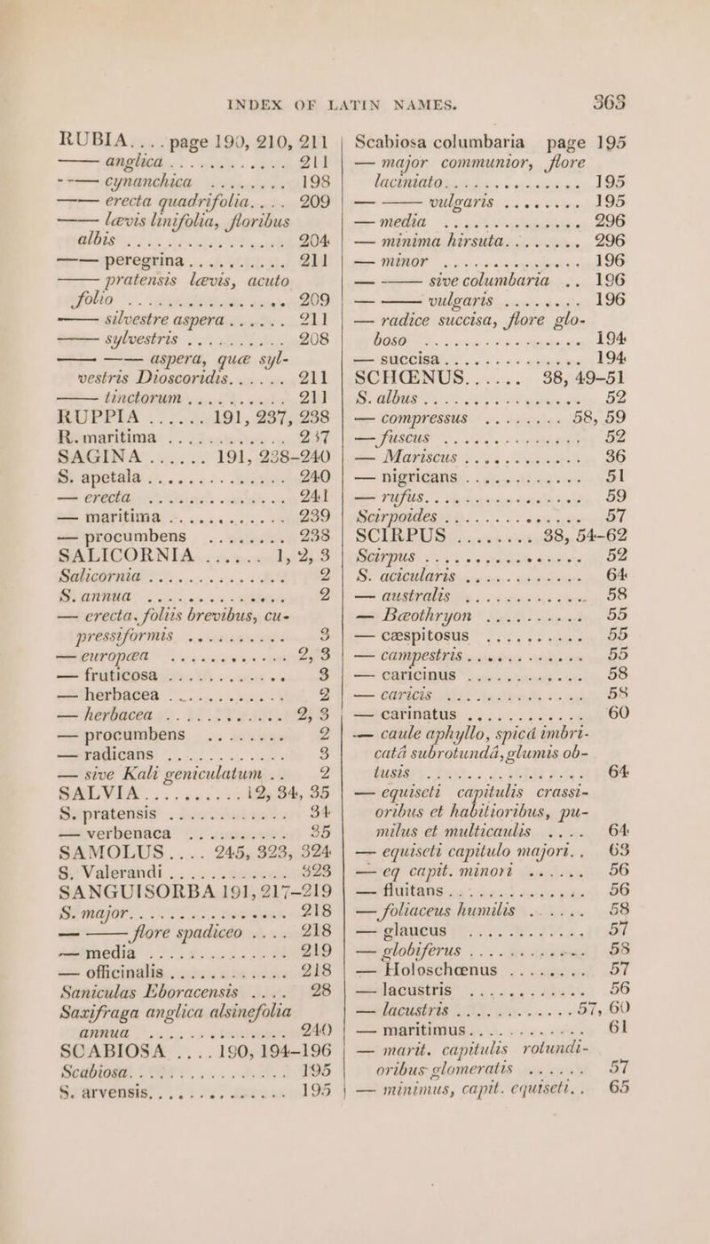 GR. | ay OR gt 8 CH“ CUMENGRIEE doe iieccn 4 198 —— erecta quadrifolia.... 209 levis linifolia, floribus Berit JF 49h ah 204 St peregrina. . .-&lt;i ipa. pratensis levis, acuto i a ee ae one 209 silvestre aspera...... 21] epboestris iM 208 —— aspera, que syl- vestris Dioscoridis...... Qhi CO a a 21) MUPPEA.F oac: 191 , 237,.238 Pierriaricned.)) o3-&lt;n bette ons 237 SAGINA ...... 191, 238-240 Br apetala. 25....&lt;55+ aime 240 &lt;*&gt; CFM AS. eS iG IA i marina ©. ... ee 239 —— procumbens ........ 238 SALICORN LA. co-e-s 1awho a SET 2 RAG eo cupens 88 isis 2 — erecta. foliis brevibus, cu- PYESSUFOTMIS . 0 osha 'a00 « 3 —curopea ...... mera o3 = frPCOSAis. WS. . ein oe 3 atherpaces 9 ois. sans 2g ahebacen ss. LL IT eae RS — procumbens ........ 2 CP RGICATIS nooo ea 3 — sive Kali geniculatum .. 2 SEMUVEA 5. .a8cere 12, 34, 3 Sepratensis . s.0.dubmt: 34 —verbenaca .......%.. 35 SAMOLUS.. .. 245, 323, 324 SV derandl .......... nae 493 SANGUISORBA 191, 217-219 GE GOP. Te. Tene 218 — flore spadiceo . 218 SPNEOS 2... Kees ne 219 Se ONICIMATIB: 0520s bi waste 218 Saniculas Eboracensis .... 28 Sazifraga anglica alsinefolia IONE a oso Oe 240 SCABIOSA .... 190, 194-196 Sraaee FI... . HS 195 Scabiosa columbaria — major communior, flore COURT OR Skins &amp; excneeion dye 195 — CG) ee 195 te OEM 2 ip a 296 — minima hirsuta........ 296 Sa eer Caeae 196 — sive columbaria 196 — CULATIS casks axl 196 — radice succisa, flore glo- ST. Series. Heo eke 194 ser OUCCISR ae «+ «+ ostnin 194: SCHCENUS, «.... 88, 49-51 ele ORS ee PA ere epee ae 52 —— COMPYESSUS .. 6-600 58, 59 v WU 52 rem MMAPISCUS os . Faced 36 —— NIQUICANS),... We ethane ers 51 aah ie Ee ne 59 Ped Oa SS ae) OE ee 57 SCLIORUS 008 vas 38, 54-62 TUS: 2 oh ov ahs acy oes 52 SP CCMA IS ic aac. Gables 64 Ss CUGEVONIS Ae. i discon 6 eet 58 — Beothryon ......040 55 7 CXspitosis’ Py... sie 55 CONCH wanarne “akan 55 = CATICINUS © cyie'u so oeeie «os 58 one OORCEIR AE nn Nears Soa 58 | Sepearinatus: . 260052. 66 ve 60 — caule aphyllo, spicd imbrr- cata subrotunda, glumis ob- husiars Wass dg. MM BA 64 — equiseli capitulis crassi- oribus et habitioribus, pu- milus et multicaulis 64: — equisett capitulo majort.. 63 —eg capit.minort ...... 56 SME SCANS ace “ieee sue whe odes 56 — foliaceus humilis ...... 58 Appobateus Pi. I £ 57 — globiferus .... 06.46. a | 8 serHoloschenus . . aswsc 57 EMAOHEIMG 0 oe ous ENS S's 56 Pee ACUERTIE IY. Ws. acess » 57, 60 ~— WNEPIEIUG a A. Scie. rete 61 — marit. capitulis rolundi- oribus glomeratis ...... 57 195 | — minimus, capit. equtseti.. 65