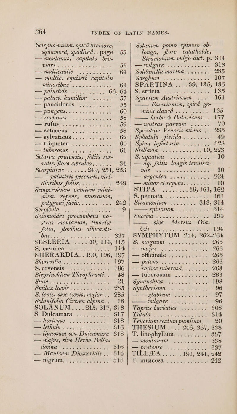Scirpus minim. spica breviore, squamosd, spadiced.. page 55 — montanus, capitulo bre- Oy Oto: Oh OR ee 55 — multicaulis — multic. equisett capitulis MINOTIOUS 5 odo chao 64 —— Halustris POP OTIS: 63, 64: — palust. humilior ...... 57 — pauciflorus .......... 55 IOS Oe CRE Me eee 60 — FOMANUS .... cece reese 58 min FUTUS. 5 So phe 59 au BELQCOUS 2 Foe hoo ere: 58 — sylvaticus............ 62 — triqueter ........ : 60 —= Luberosus ©; 2s oy EXPL 61 Sclarea pratensis, foliis ser- ratis, flore ceruleo...... 34 SCOT THIN US *S.57455 249257, Zao palustris perennis, viri- dioribus foltiss 2 ee = 2 Om 249 Sempervi'voum omnium mini- mum, repens, muscosum, polygons facie... 020°. 242 erpicula «2223 :, SNS 9 Sesamoides procumbens no- stras montanum, linarie folio, froribus albicante- bugs Pe Pee SE AE 337 SESLERIA .. 40, 114, 115 S-CETUTET PN Pas 114 SHERARDIA.. 190, 196, 197 Shevardia’ &gt; PLSAS;, EM 197 S. arvensis™ 2102 oe) 5 ey 196 Sisyrinchium Theophrasti.. 48 S71 OPP I Fk ty mes | Snilax levis LO 285 S. lenis, stve levis, major .. 285 Solanifolia Circea alpina,. 16 SOLANUM.... 245, 317, 318 S. Duleamara . ; 5, Senos 317 == Wortensé ~. IPP 318 CRONE caecc 6s CUE 316 — lignosum seu Dulcamara 318 — majus, sive Herba Bella- AORAE FO Re 316 — Manicum Dioscoridis .. 314 — nigrum?) 2), 318 Solanum pomo spinoso ob- longo, flore calathoide, Stramonium vulgo dict. p. 314 = Uloare, NASP E Pe. 318 Soldanella marina,....... 2°85 DOTONURD (4.0 SBN ee oe 107 SPARTINA ....39, 135, 136 SP Stvietan «AO AS, 135 Spartum Austriacum 161 Essextanum, spica ge- mina clause .. 3 Pe. 135 herba 4 Batavicum .. 177 — nostras parvum ...... 70 Speculum Veneris minus .. 293 Sphatula foetida ........ 49 Spina infectoria ........ $28 SCH GTI ON, os-s-er0-0% Ee 10, 223 HAGUatICl i. Fhe ERE 10 — aq. foliis longis tenuissi- MIS? wamaoccga rinigreiars Bid ae 10 sesh GROIN E «.. 6 PI IREL IS. D944 — minor et repens........ 10 SDT Gowen 39, 161, 162 S. pennata........ ‘sane Ue 161 Stramonium ........ 313, 314 SPINOSUM +. OTOL 314 SULCEA PRN os SOTO 194 —— sive Morsus Dia- BROS BAN, ceo, BR 194 SYMPHYTUM 244, 262-264 S. magnum ... EER 263 Se IUIUS «ta raw oa i SS 263 2... ofeinalen;y yerye 21.4 263 me ULES FF cece cseu he’ 263 == padicetuberosa.... 2A 263 — tuberosum .......... 263 Synanchtcwe so. .005 Sel. 198 Synilertsmd ss. 04 OLY, 96 SAbTOMAL BIEL 97 CUL BONE: DOLE oy, 96 Tapsus barbatus ........ 308 WHI. eh ed. oa OR 314 Teucrium sextum pumilum... 20 THESIUM .... 246, 337, 338 T. linophyllum.......... 337 — NONLANUNE M8 kos RE 338 TENSE ss ARIS 337 iD LEP: Op. 191, 241, 242 eenuscesa! s/f y 7 SS 242
