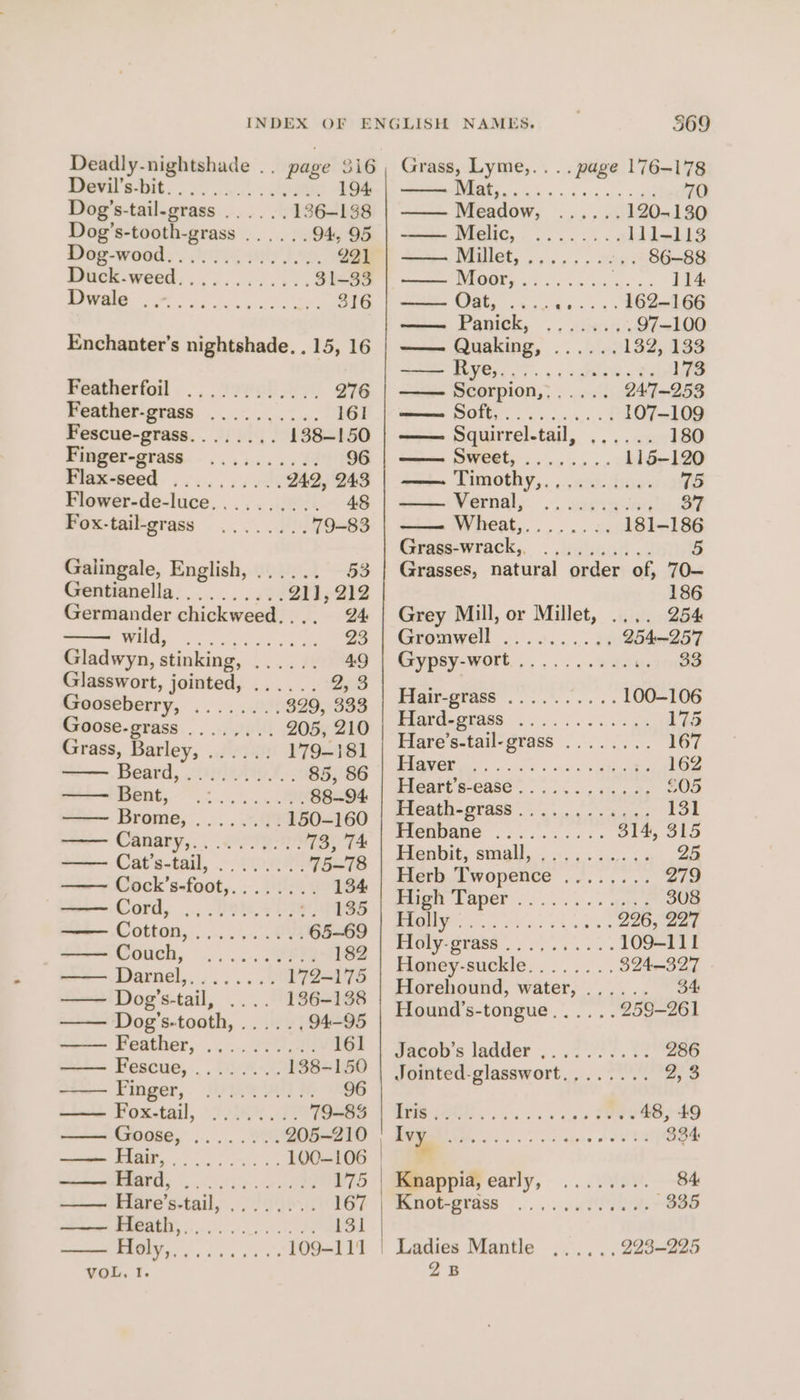 SOOVal SAME a 194 Dog’s-tail-grass ...... 136-138 Dog’s-tooth-grass ...... 94, 95 Das-wood, . 267ip ate] 1g. 221 Duck.weed............ 31-33 BRN Jen hee 316 Enchanter’s nightshade. . 15, 16 Featherfoil ... 23/0)... 276 Feather-grass .......... 161 Fescue-grass........ 138-150 Finger-grass.....;.... 44 96 Flax-seed .......... 242, 243 Flower-de-luce.......... 48 Fox-tail-grass ........ 79-83 Galingale, English, ...... 53 Gentianella.......... 911,212 Germander chickweed,... 24 Ws or ee 23 Gladwyn, stinking, ...... 49 Glasswort, jointed, ...... 2, 3 Gepstberry, .. ....00 329, 333 Goose-grass ........ 205, 210 Grass, Barley, ...... 179-181 Beard, piety f.. 85, 86 2 88-94 Brome, -. ... . 2.479 150-160 Canary, 269g 73, 74 Cat’s-tail, 2082 75-78 Cock’s-foot,.....5.. 134 Cord, .., Vee aye 135 Cotton,.......\,.... 0 65-69 woueb, |. ..-, 8% 182 Waele s 2. cst 172-175 Dog’s-tail, .... 136-138 Dog’s-tooth,....., 94-95 Peather, ....-. 2220 161 Veseue,.. , ovat 138-150 —— Finger, .......... 96 Poxtail, :3216% 7% 79-83 Goose, .. 205-210 | Hair, . 1OQ—106 a PS 175 Hare’s-tail, .... 167 PENG fo ede 13] Me ie on, 109-111 VoL. I. Grass, Lyme,.... page 176-178 MR eS. hak set 70 Meadow, ...... 120-130 MONG ent 111-113 24 Willet, ...... sins 86-88 PRO oye Soe aS a. 114 Oat, ....02.... 262-166 ST | aaa ee 97-100 —— Quaking, ...... 132, 133 ee ne 173 Scorpion,...... 247-253 wees OMt,.....-...5 107-109 Squirrel-tail, ...... 180 —— Sweet, ........ 115-120 —— Timothy,.,........ 75 Terma, ... wie ne 37 Stu Wreat,...... 2 181-186 Grasgewrack, . ,buhaai.t Grasses, natural order of, 70— 186 Grey Mill, or Millet, .... 254 Gromwell ....'......34 254-257 Gypsy-wort .......... eae Plgu- grass. ss 100-106 PUWGnOGA8S 2.6.) os ge 175 Hare’s-tail-grass ........ 167 Pie es ace Ftheae 162 Heatt s-eaté =... a. SUS Preatb-Orass a ToL Bienpatie 23. ........ 314, 315 Biante smal, 2. sacs. t 25 Bern lwopence «....7.. 279 BMiety EADET fos aoe 308 MUON Site Rk ea Cass 996,220 Brel Otaes See, 9. 109-111 Honey-suckle........ 324-327 Horehound, water, ...... 34: Hound’s-tongue...... 259-261 gacop s ladder .. 2255. 02 286 Jointed-glasswort.,...... 233 ROE Ge ss a se ccs OR 48, 49 Ivy Aedes Sistecar cede eEphe, pl etle’ tue 334: Knappia, early, ........ 84 PPRnoterass. .. a VSN, 335 223-225 2B
