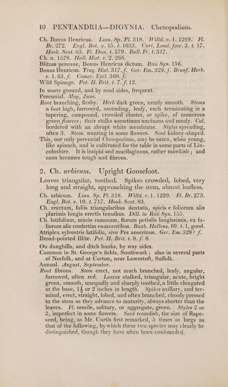 Ch. Bonus Henricus. Linn. Sp, Pl. 318. Willd. v. 1.1299. Fi. Br.272. Engl. Bot.v- lo. ¢,1033. Curt. Lond. fase. 3.8. kA Hook. Scot. 83. Fl. Dan. t.579. Bull. Fr. t.317. Ch.n. 1578. Hall. Hist. v.2. 266. Blitum perenne, Bonus Henricus dictum. Raii Syn. 156. Bonus Henricus. Trag. Hist. 317. f. Ger. Em. 329. f. Brunf. Herb. ®.1.63.f. -Camer. Epit. 3608: 7. Wild Spinage. Pet. H. Brit. t. 7. f. 12. In waste ground, and by road sides, frequent. Perennial. May, June. | Root branching, fleshy. Herb dark green, nearly smooth. Stems a foot high, furrowed, ascending, leafy, each terminating in a tapering, compound, crowded cluster, or spike, of numerous green flowers; their stalks sometimes unctuous and mealy. Cal. bordered with an abrupt white membrane. Styles spreading, often 3. Stam. wanting in some flowers. Seed kidney-shaped. This, our only perennial Chenopodium, may be eaten, when young, like spinach, and is cultivated for the table in some parts of Lin- _ colnshire. It is insipid and mucilaginous, rather mawkish ; and soon becomes tough and fibrous. 2. Ch. urbicum. Upright Goosefoot. Leaves triangular, toothed. Spikes crowded, lobed, very long and straight, approaching the stem, almost leafless, Ch. urbicum. Linn. Sp. Pl.318. Willd.v,1.1299. °F. Br. 273. Engl. Bot. v.10. t. 717, Hook. Scot. 83, Ch. erectum, foliis triangularibus dentatis, spicis e foliorum alis plurimis longis erectis tenuibus. Dill. in Raw Syn. 155. Ch. latifoluum, minus ramosum, florum petiolis longissimis, ex fo- liorum alis confertim enascentibus. Buxb. Hallens. 69. t.1, good. Atriplex sylvestris latifolia, sive Pes anserinus. Ger. Em.328? f. Broad-pointed Blite. Pet. H. Brit. t. 8. f. 8. On dunghills, and ditch banks, by way sides. Common in St. George’s fields, Southwark ; also in several parts of Norfolk, and at Corton, near Lowestoft, Suffolk, Annual. August, September. Root fibrous. Stem erect, not much branched, leafy, angular, furrowed, often red. Leaves stalked, triangular, acute, bright green, smooth, unequally and sharply toothed, a little elongated at the base, 14 or 2 inches in length. Spikes axillary, and ter- minal, erect, straight, lobed, and often branched, closely pressed to the stem as they advance to maturity, always shorter than the leaves. Fi. sessile, solitary, or aggregate, green. Styles 2 or 3, imperfect in some flowers. Seed roundish, the size of Rape- seed, being, as Mr. Curtis first remarked, 5 times as large as - that of the following, by which these two species may clearly be distinguished, though they have often been confounded,