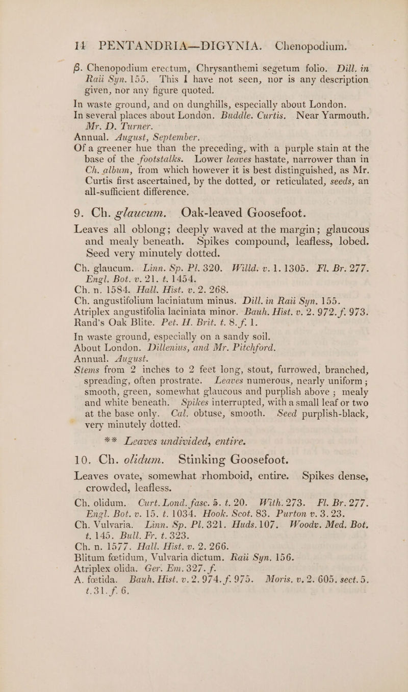 8. Chenopodium erectum, Chrysanthemi segetum folio. Dill, in Ravi Syn.155. This I have not seen, nor is any description given, nor any figure quoted. In waste ground, and on dunghills, especially about London. In several places about London. Buddle. Curtis. Near Yarmouth. Mr. D. Turner. Annual. dugust, September. Of a greener hue than the preceding, with a purple stain at the base of the footstalks. Lower leaves hastate, narrower than in Ch. album, from which however it is best distinguished, as Mr. Curtis first ascertained, by the dotted, or reticulated, seeds, an all-sufficient difference. 9. ‘Ch. glaucum. Oak-leaved Goosefoot. Leaves all oblong; deeply waved at the margin; glaucous and mealy beneath. Spikes compound, leafless, lobed. Seed very minutely dotted. Ch. glaucum. Linn. Sp. Pl. 320. Willd. v.1.1305. Fl. Br. 277. Engl. Bot. v. 21. t, 1454. Ch. n. 1584. Hall. Hist. v. 2. 268. Ch. angustifolium laciniatum minus. Dill. in Raii Syn. 155. Atriplex angustifolia laciniata minor. Bauwh. Hist. v. 2.972. f. 973. Rand’s Oak Blite. Pet. H. Brit. t. 8. f.1. In waste ground, especially on a sandy soil. About London. Dillenius, and Mr. Pitchford. Annual. dugust. Stems from 2 inches to 2 feet long, stout, furrowed, branched, spreading, often prostrate. Leaves numerous, nearly uniform ; smooth, green, somewhat glaucous and purplish above ; mealy and white beneath. Spikes interrupted, with a small leaf or two at the base only. Cal. obtuse, smooth. Seed purplish-black, very minutely dotted. ** Leaves undivided, entire. 10. Ch. efdum. Stinking Goosefoot. Leaves ovate, somewhat rhomboid, entire. Spikes dense, crowded, leafless. Ch. olidum. Curt. Lond. fase. 5. t.20. With.273. Fl. Br. 277. Engl. Bot. v. 15. t. 1034. Hook. Scot. 83. Purton v. 3.23. Ch. Vulvaria. Linn. Sp. Pl. 321. Huds.107.. Woodv. Med. Bot. pi. dull. Prt S23. Ch. n. 1577. Hall. Hist. v. 2.266. Blitum foetidum, Vulvaria dictum. Raii Syn. 156. Atriplex olida. Ger. Em. 327. f. A. foetida. Bauh. Hist. v. 2.974. f.975. Moris, v. 2. 605. sect. 5. 131 p 6.