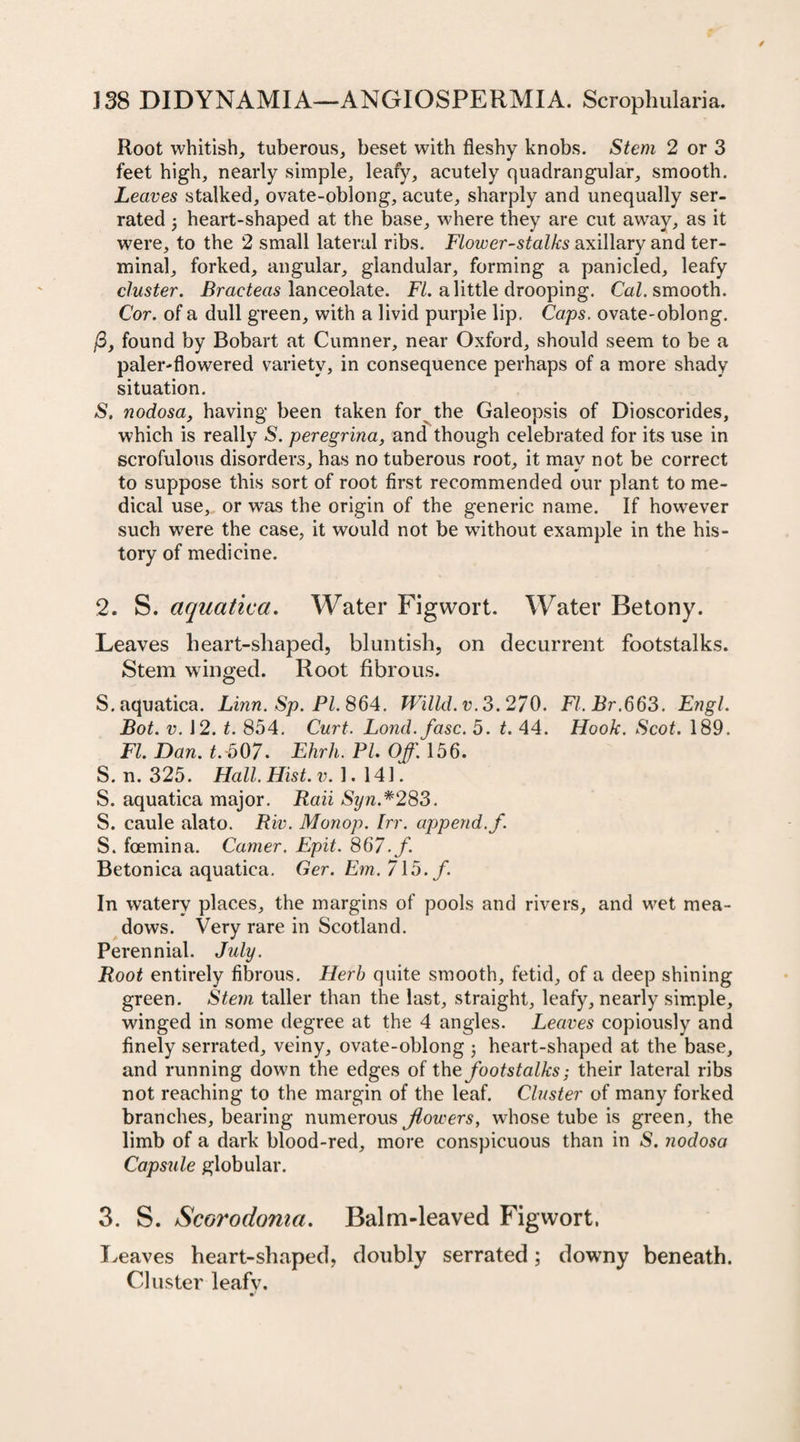 Root whitish, tuberous, beset with fleshy knobs. Stem 2 or 3 feet high, nearly simple, leafy, acutely quadrangular, smooth. Leaves stalked, ovate-oblong, acute, sharply and unequally ser¬ rated heart-shaped at the base, where they are cut away, as it were, to the 2 small lateral ribs. Flower-stalks axillary and ter¬ minal, forked, angular, glandular, forming a panicled, leafy cluster. Braeteas lanceolate. FI. a little drooping. Cal. smooth. Cor. of a dull green, with a livid purple lip. Caps, ovate-oblong. /3, found by Bobart at Cumner, near Oxford, should seem to be a paler-flowered variety, in consequence perhaps of a more shady situation. S. nodosa, having been taken for the Galeopsis of Dioscorides, which is really S. peregrina, and though celebrated for its use in scrofulous disorders, has no tuberous root, it may not be correct to suppose this sort of root first recommended our plant to me¬ dical use, or was the origin of the generic name. If however such were the case, it would not be without example in the his¬ tory of medicine. 2. S. aquatic a. Water Figwort. Water Betony. Leaves heart-shaped, bluntish, on decurrent footstalks. Stem winged. Root fibrous. S.aquatica. Linn. Sp. PL 864. Willd.v.3.270. Fl.Br.663. Engl. Bot. v. J2. t. 854. Curt. Lond.fasc. 5. t. 44. Hook. Scot. 189. FI. Dan. t.507. Ehrh. PL Off. 156. S. n. 325. Hall. Hist. v. 1. 141. S. aquatica major. Raii Syn.*283. S. caule alato. Riv. Monop. Irr. append./. S. fcemina. Camer. Epit. 867./. Betonica aquatica. Ger. Em. 715./. In watery places, the margins of pools and rivers, and wet mea¬ dows. Very rare in Scotland. Perennial. July. Root entirely fibrous. Herb quite smooth, fetid, of a deep shining green. Stem taller than the last, straight, leafy, nearly simple, winged in some degree at the 4 angles. Leaves copiously and finely serrated, veiny, ovate-oblong ; heart-shaped at the base, and running down the edges of the footstalks; their lateral ribs not reaching to the margin of the leaf. Cluster of many forked branches, bearing numerous /lowers, whose tube is green, the limb of a dark blood-red, more conspicuous than in S. nodosa Capsule globular. 3. S. Scorodoma. Balm-leaved Figwort, Leaves heart-shaped, doubly serrated; downy beneath. Cluster leafv.