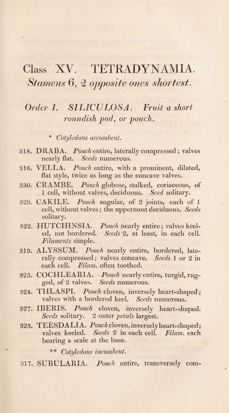 Class XV. TETRAD YN AMI A. Stamens 6, 2 opposite ones shortest. Order 1. SILICULOSA. Fruit a short roundish pod, or pouch. * Cotyledons decumbent. 318. DR ABA. Vouch entire, laterally compressed; valves nearly flat. Seeds numerous. 316. \7ELLA. Pouch entire, with a prominent, dilated, flat style, twice as long as the concave valves. 330. CRAMBE. Pouch globose, stalked, coriaceous, of 1 cell, without valves, deciduous. Seed solitary. 329. CAKILE. Pouch angular, of 2 joints, each of 1 cell, without valves; the uppermost deciduous. Seeds solitary, 322. HUTCHINSIA. Pouch nearly entire; valves keel¬ ed, not bordered. Seeds 2, at least, in each cell. Filaments simple. 319. ALYSSUM. Pouch nearly entire, bordered, late¬ rally compressed; valves concave. Seeds 1 or 2 in each cell. Filam. often toothed. « 325. COCHLEARIA. Pouch nearly entire, turgid, rug¬ ged, of 2 valves. Seeds numerous. 324. THLASPI. Pouch cloven, inversely heart-shaped; valves with a bordered keel. Seeds numerous. 327. IBERIS. Pouch cloven, inversely heart-shaped. Seeds solitary. 2 outer petals largest. 323. TEESDALIA. Pouch cloven, inversely heart-shaped; valves keeled. Seeds 2 in each cell. Filam. each bearing a scale at the base. ## Cotyledons incumbent. 317. SUBULAEIA, Pouch entire, transversely com-