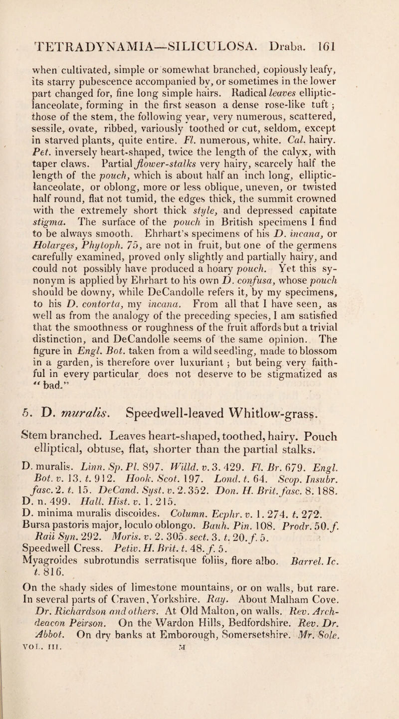 when cultivated, simple or somewhat branched, copiously leafy, its starry pubescence accompanied bv, or sometimes in the lower part changed for, fine long simple hairs. Radical leaves elliptic- lanceolate, forming in the first season a dense rose-like tuft; those of the stem, the following year, very numerous, scattered, sessile, ovate, ribbed, variously toothed or cut, seldom, except in starved plants, quite entire. FI. numerous, white. Cal. hairy. Pet. inversely heart-shaped, twice the length of the calyx, with taper claws. Partial Jlower-stalks very hairy, scarcely half the length of the pouch, which is about half an inch long, elliptic- lanceolate, or oblong, more or less oblique, uneven, or twisted half round, flat not tumid, the edges thick, the summit crowned with the extremely short thick style, and depressed capitate stigma. The surface of the pouch in British specimens I find to be always smooth. Ehrhart’s specimens of his D. incana, or Holarges, Phytoph. 75, are not in fruit, but one of the germens carefully examined, proved only slightly and partially hairy, and could not possibly have produced a hoary pouch. Yet this sy¬ nonym is applied by Ehrhart to his own D. confusa, whose pouch should be downy, while DeCandolle refers it, by my specimens, to his D. contortci, my incana. From all that I have seen, as well as from the analogy of the preceding species, I am satisfied that the smoothness or roughness of the fruit affords but a trivial distinction, and DeCandolle seems of the same opinion. The figure in Engl. Bot. taken from a wild seedling, made to blossom in a garden, is therefore over luxuriant ; but being very faith¬ ful in every particular does not deserve to be stigmatized as ** bad.” 5. D. muralis. Speedwell-leaved Whitlow-grass. Stem branched. Leaves heart-shaped, toothed, hairy. Pouch elliptical, obtuse, flat, shorter than the partial stalks. D. muralis. Linn. Sp. PI. 897. Willd. v.3. 429. FI. Br. 679. Engl. Bot. v. 13. t. 912. Hook. Scot. 197. Loncl. t. 64. Scop. Insubr. fasc. 2. t. 15. DeCand. Syst. v. 2.352. Don. H. Brit. fasc. 8. 188. D. n. 499. Hall. Hist. v. 1.215. D. minima muralis discoides. Column. Ecphr. v. 1. 274. t. 272. Bursa pastoris major, loculo oblongo. Bauh. Pin. 108. Prodr. 50. f. Raii Syn. 292. Moris, v. 2. 305. sect. 3. t. 20. f. 5. Speedwell Cress. Petiv. H. Brit. t. 48./. 5. Myagroides subrotundis serratisque foliis, flore albo. Barrel. Ic. t. 816. On the shady sides of limestone mountains, or on walls, but rare. In several parts of Craven, Yorkshire. Ray. About Malham Cove. Dr. Richardson and others. At Old Malton, on walls. Rev. Arch¬ deacon Peirson. On the Warden Hills, Bedfordshire. Rev. Dr. Abbot. On dry banks at Emborough, Somersetshire. Mr. Sole. VOL. III. M