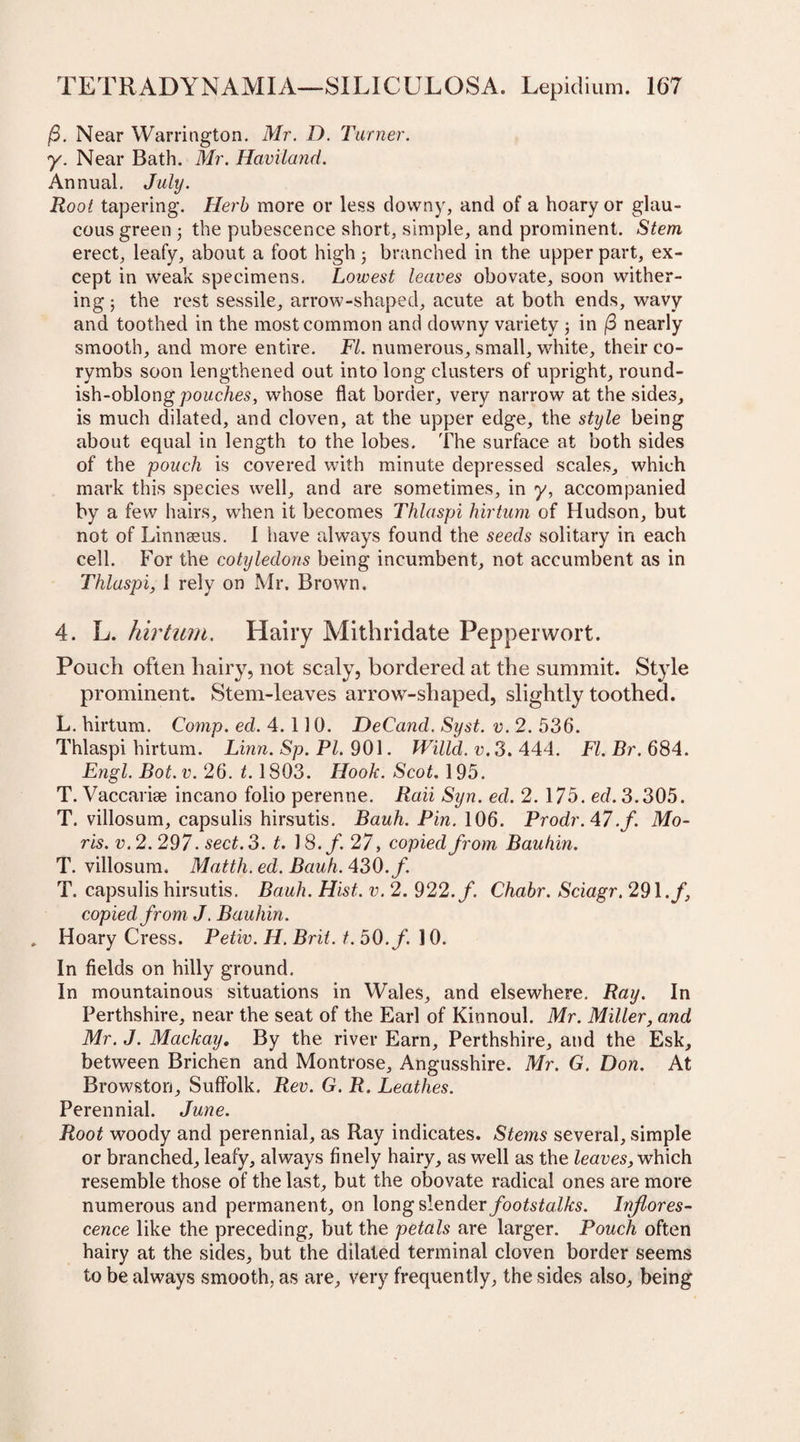 /S. Near Warrington. Mr. D. Turner. y. Near Bath. Mr. Haviland. Annual. July. Root tapering. Herb more or less downy, and of a hoary or glau¬ cous green the pubescence short, simple, and prominent. Stem erect, leafy, about a foot high branched in the upper part, ex¬ cept in weak specimens. Lowest leaves obovate, soon wither¬ ing 5 the rest sessile, arrow-shaped, acute at both ends, wavy and toothed in the most common and downy variety ; in (3 nearly smooth, and more entire. FI. numerous, small, white, their co¬ rymbs soon lengthened out into long clusters of upright, round¬ ish-oblong pouches, whose flat border, very narrow at the sides, is much dilated, and cloven, at the upper edge, the style being about equal in length to the lobes. The surface at both sides of the pouch is covered with minute depressed scales, which mark this species well, and are sometimes, in y, accompanied by a few hairs, when it becomes Thlaspi hirtum of Hudson, but not of Linnaeus. 1 have always found the seeds solitary in each cell. For the cotyledons being incumbent, not accumbent as in Thlaspi, 1 rely on Mr. Brown. 4. L. hirtum. Hairy Mithridate Pepperwort. Pouch often hairy, not scaly, bordered at the summit. Style prominent. Stem-leaves arrow-shaped, slightly toothed. L. hirtum. Comp. ed. 4.110. DeCand. Syst. v. 2. 536. Thlaspi hirtum. Linn. Sp. PI. 901. Willd.v. 3.444. Fl.Br.684. Engl. Bot. v. 26. 1.1803. Hook. Scot. 195. T. Vaccarise incano folio perenne. Raii Syn. ed. 2. 175. ed. 3.305. T. villosum, capsulis hirsutis. Bauh. Phi. 106. Prodr. 47./. Mo¬ ris. v.2. 297. sect. 3. t. 18. f. 27, copied from Bauhin. T. villosum. Mattli. ed. Bauh. 430. f. T. capsulis hirsutis. Bauh. Hist. v. 2. 922. f. Chabr. Sciagr. 291./, copied from J. Bauhin. , Hoary Cress. Petiv. H. Brit. t. 50. f. 10. In fields on hilly ground. In mountainous situations in Wales, and elsewhere. Ray. In Perthshire, near the seat of the Earl of Kinnoul. Mr. Miller, and Mr. J. Mackay. By the river Earn, Perthshire, and the Esk, between Brichen and Montrose, Angusshire. Mr. G. Don. At Browstorj, Suffolk. Rev. G. R. Leathes. Perennial. June. Root woody and perennial, as Ray indicates. Stems several, simple or branched, leafy, always finely hairy, as well as the leaves, which resemble those of the last, but the obovate radical ones are more numerous and permanent, on long slender footstalks. Inflores¬ cence like the preceding, but the petals are larger. Pouch often hairy at the sides, but the dilated terminal cloven border seems to be always smooth, as are, very frequently, the sides also, being