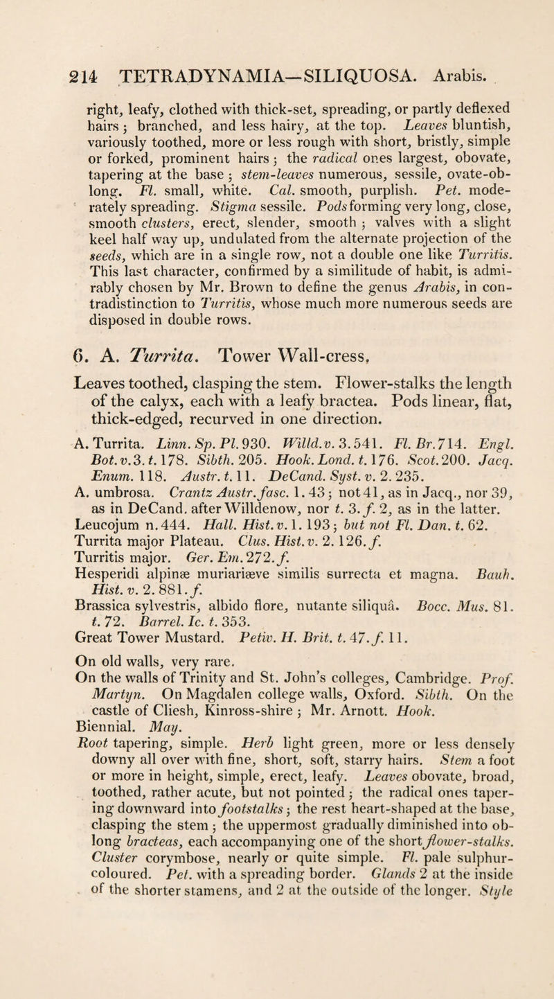 right, leafy, clothed with thick-set, spreading, or partly deflexed hairs 3 branched, and less hairy, at the top. Leaves bluntish, variously toothed, more or less rough with short, bristly, simple or forked, prominent hairs 3 the radical ones largest, obovate, tapering at the base 5 stem-leaves numerous, sessile, ovate-ob¬ long. FI. small, white. Cal. smooth, purplish. Pet. mode¬ rately spreading. Stigma sessile. Pods forming very long, close, smooth clusters, erect, slender, smooth 3 valves with a slight keel half way up, undulated from the alternate projection of the seeds, which are in a single row, not a double one like Turritis. This last character, confirmed by a similitude of habit, is admi¬ rably chosen by Mr. Brown to define the genus Arabis, in con¬ tradistinction to Turritis, whose much more numerous seeds are disposed in double rows. 0. A. Turrit a. Tower Wall-cress. Leaves toothed, clasping the stem. Flower-stalks the length of the calyx, each with a leafy bractea. Pods linear, flat, thick-edged, recurved in one direction. A. Turrita. Linn.Sp.PI. 930. Willd.v. 3.541. Fl.Br.714. Engl. Bot.v.3.t.\78. Sibtk. 205. Hook. Lond. t.\76. Scot.200. Jacq. Enum. 118. Austr.t. 11. DeCand. Syst.v. 2. 235. A. umbrosa. Crantz Austr.fasc. 1.43; not 41, as in Jacq., nor 39, as in DeCand. after Willdenow, nor t. 3./. 2, as in the latter. Leucojum n.444. Hall. Hist.v. 1. 193; but not FI. Dan. t. 62. Turrita major Plateau. Clus. Hist.v. 2.126./. Turritis major. Ger. Em. 272. f. Hesperidi alpinse muriariseve similis surrecta et magna. Bauh. Hist. v. 2. 881./. Brassica sylvestris, albido flore, nutante siliqua. Bocc. Mus. 81. t. 72. Barrel. Ic. t. 353. Great Tower Mustard. Petiv. H. Brit. t. 47./. 11. On old walls, very rare. On the walls of Trinity and St. John’s colleges, Cambridge. Prof. Martyn. On Magdalen college walls, Oxford. Sibth. On the castle of Cliesh, Kinross-shire 3 Mr. Arnott. Hook. Biennial. May. Root tapering, simple. Herb light green, more or less densely downy all over with fine, short, soft, starry hairs. Stem a foot or more in height, simple, erect, leafy. Leaves obovate, broad, toothed, rather acute, but not pointed 3 the radical ones taper¬ ing downward into footstalks', the rest heart-shaped at the base, clasping the stem 3 the uppermost gradually diminished into ob¬ long bracteas, each accompanying one of the short flower-stalks. Cluster corymbose, nearly or quite simple. FI. pale sulphur- coloured. Pet. with a spreading border. Glands 2 at the inside of the shorter stamens, and 2 at the outside of the longer. Style