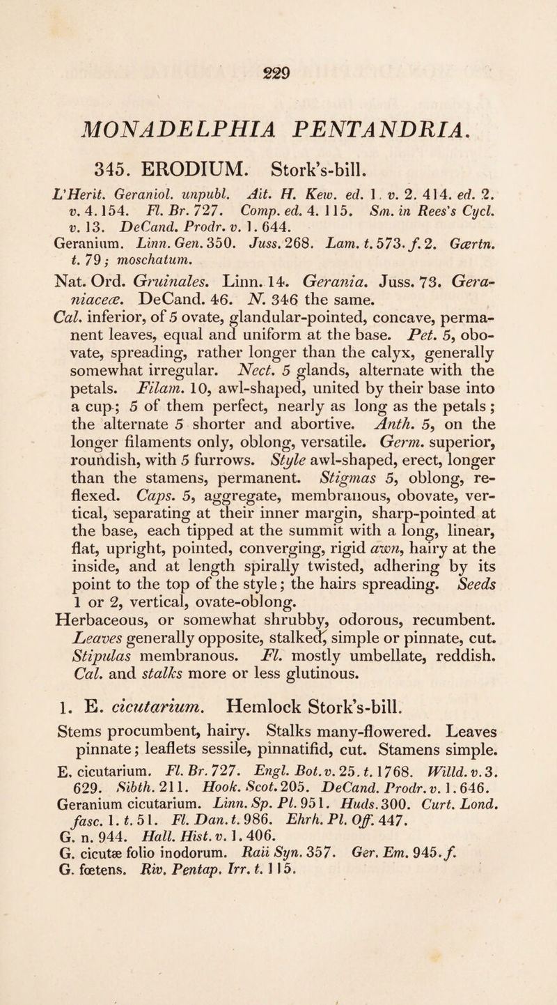 MONADELPHIA PENTANDRIA. 345. ERODIUM. Stork’s-bill. L'Herit. Geraniol. unpubl. Ait. H. Kew. ed. 1. v. 2. 414. ed. 2. v. 4.154. FI. Br. 727. Comp. ed. 4. 115. Sm. in Rees's Cycl. v. 13. DeCand. Prodr. v. 1.644. Geranium. Linn. Gen. 350. Juss.268. Lam. t. 573. f. 2. Gcertn. t. 79; moschatum. Nat. Ord. Gruinales. Linn. 14. Gerania. Juss. 73. Gera- niacece. DeCand. 46. 2V. 346 the same. Cal. inferior, of 5 ovate, glandular-pointed, concave, perma¬ nent leaves, equal and uniform at the base. Pet. 5, obo- vate, spreading, rather longer than the calyx, generally somewhat irregular. Nect. 5 glands, alternate with the petals. Filam. 10, awl-shaped, united by their base into a cup; 5 of them perfect, nearly as long as the petals ; the alternate 5 shorter and abortive. Anth. 5, on the longer filaments only, oblong, versatile. Germ, superior, roundish, with 5 furrows. Style awl-shaped, erect, longer than the stamens, permanent. Stigmas 5, oblong, re¬ flexed. Caps. 5, aggregate, membranous, obovate, ver¬ tical, separating at their inner margin, sharp-pointed at the base, each tipped at the summit with a long, linear, flat, upright, pointed, converging, rigid awn, hairy at the inside, and at length spirally twisted, adhering by its point to the top of the style; the hairs spreading. Seeds 1 or 2, vertical, ovate-oblong. Herbaceous, or somewhat shrubby, odorous, recumbent. Leaves generally opposite, stalked^ simple or pinnate, cut. Stipulas membranous. FI. mostly umbellate, reddish. Cal. and stalks more or less glutinous. 1. E. cicutarium. Hemlock Stork’s-bill. Stems procumbent, hairy. Stalks many-flowered. Leaves pinnate; leaflets sessile, pinnatifid, cut. Stamens simple. E. cicutarium. Fl.Br.727. Engl. Bot.v.25.t.\768. Willd.v.3. 629. Sibth. 211. Hook. Scot. 205. DeCand. Prodr. v. 1.646. Geranium cicutarium. Linn. Sp. PI. 951. Huds. 300. Curt. Lond. fasc. 1. t. 51. FI. Dan. t. 986. Ehrh. PI. Off. 447. G. n. 944. Hall. Hist. v. 1.406. G. cicutse folio inodorum. Raii Syn. 357. Ger. Em. 945./. G, fcetens. Riv. Pentap. Xrr. t. 115.