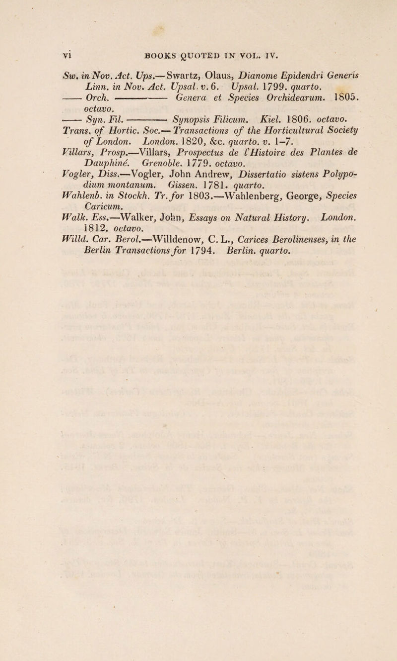 Sw. in Nov. Act. Ups.— Swartz, Olaus, Dianome Epidendri Generis Linn, in Nov. Act. Upsal. v. 6. Upsal. 1799. quarto. -Orch. -—-- Genera et Species Orchidearum. 1805. octavo. *-Syn.Fil.-Synopsis Filicum. Kiel. 1806. octavo. Trans, of Hortic. Soc.— Transactions of the Horticultural Society of London. London. 1820, &amp;c. quarto, v. 1-7. Villars, Frosp.—Villars, Prospectus de VHistoire des Plantes de Dauphin4. Grenoble. 1779. octavo. Vogler, Diss.—Vogler, John Andrew, Dissertatio sistens Polypo¬ dium montanum. Gissen. 1781. quarto. Wahlenb. in Stockh. Tr.for 1803.—Wahlenberg, George, Species Caricum. Walk. Ess.—Walker, John, Essays on Natural History. London. 1812. octavo. Willd. Car. Berol.—Willdenow, C. L., Carices Berolinenses, in the Berlin Transactions for 1794. Berlin, quarto.
