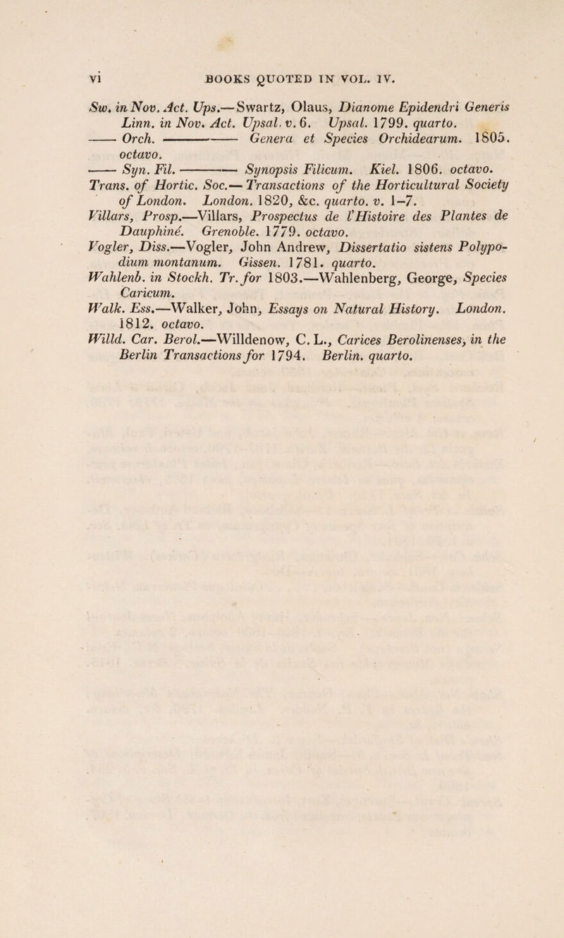 Sw. in Nov. Act. Ups.— Swartz, Olaus, Dianome Epidendri Generis Linn, in Nov. Act. Upsal. v. 6. Upsal. 1799. quarto. -Orch. -—-- Genera et Species Orchidearum. 1805. octavo. *-Syn.Fil.-Synopsis Filicum. Kiel. 1806. octavo. Trans, of Hortic. Soc.— Transactions of the Horticultural Society of London. London. 1820, &c. quarto, v. 1-7. Villars, Frosp.—Villars, Prospectus de VHistoire des Plantes de Dauphin4. Grenoble. 1779. octavo. Vogler, Diss.—Vogler, John Andrew, Dissertatio sistens Polypo¬ dium montanum. Gissen. 1781. quarto. Wahlenb. in Stockh. Tr.for 1803.—Wahlenberg, George, Species Caricum. Walk. Ess.—Walker, John, Essays on Natural History. London. 1812. octavo. Willd. Car. Berol.—Willdenow, C. L., Carices Berolinenses, in the Berlin Transactions for 1794. Berlin, quarto.