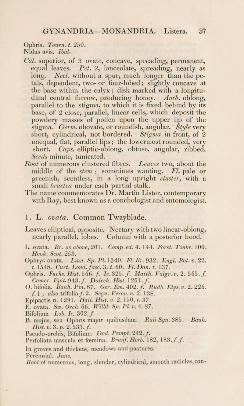 Ophris. Tourn. t. 250. Nidus avis. Ibid. Cal. superior, of 3 ovate, concave, spreading, permanent, equal leaves. Pet. 2, lanceolate, spreading, nearly as long. Nect. without a spur, much longer than the pe¬ tals, dependent, two-or four-lobed; slightly concave at the base within the calyx; disk marked with a longitu¬ dinal central furrow, producing honey. Anth. oblong, parallel to the stigma, to which it is fixed behind by its base, of 2 close, parallel, linear cells, which deposit the powdery masses of pollen upon the upper lip of the stigma. Germ, obovate, or roundish, angular. Style very short, cylindrical, not bordered. Stigma in front, of 2 unequal, flat, parallel lips; the lowermost rounded, very short. Caps, elliptic-oblong, obtuse, angular, ribbed. Seeds minute, tunicated. Root of numerous clustered fibres. Reaves two, about the middle of the stem ; sometimes wanting. FI. pale or greenish, scentless, in a long upright cluster, with a small bractea under each partial stalk. The name commemorates Dr. Martin Lister, contemporary with Ray, best known as a conchologist and entomologist. 1. L. ovata. Common Twayblade. Leaves elliptical, opposite. Nectary with two linear-oblong, nearly parallel, lobes. Column with a posterior hood. L. ovata. Br. as above, 201. Comp. ed. 4. 144. Forst. Tonbr. 100. Ilook. Scot. 253. Ophrys ovata. Linn. Sp. PI. 1340. FI. Br. 932. Engl. Bot. v. 22. t. 1548. Curt. Lond.fasc. 3. t. 60. FI. Dan. t. 137. Ophris. Fuchs. Hist. 566. /. Ic. 325. /. Matth. Valgr. v. 2. 565. /. Camer. Epit. 943. f. Dalech. Hist. 1261./. O. bifolia. Bauh. Pin. 87. Ger. Em. 402./. Rudb. Elys.v. 2. 226. /. 1 ; also trifolia f. 2. Segu. Veron.v. 2. 138. Epipactis n. 1291. Hall. Hist. v. 2. 150. t. 37. E. ovata. Sw. Orch. 66. Willd. Sp. Pl.v. 4. 87. Bifolium Lob. Ic. 302./. B. majus, seu Ophris major quibusdam. Rail Syn. 385. Bauh. Hist. v.3.p. 2.533./ Pseudo-orchis, Bifolium. I)od. Pempt. 242./. Perfoliata mascula et fcemina. Brunf. Herb. 182, 183././. In groves and thickets, meadows and pastures. Perennial. June. Root of numerous, long, slender, cylindrical, smooth radicles,con-