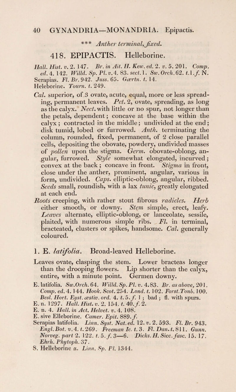### Anther terminal^ fixed. 418. EPIPACTIS. Helleborine. Hall. Hist. v. 2. 147. Br. in Ait. H. Kew. ed. 2. v. 5. 201. Comp. ed. 4.142. JVilld. Sp. PI. v.4. 83. sect. 1. Sw.Orch.62. t.l.f. N. Serapias. FI. Br. 942. Juss.66. Gcertn. t. 14. Heleborine. Tourn. t. 249. Cal. superior, of 3 ovate, acute, equal, more or less spread¬ ing, permanent leaves. Pet. 2, ovate, spreading, as long as the calyx. Nect. with little or no spur, not longer than the petals, dependent; concave at the base within the calyx; contracted in the middle; undivided at the end; disk tumid, lobed or furrowed. Anth. terminating the column, rounded, fixed, permanent, of 2 close parallel cells, depositing the obovate, powdery, undivided masses of pollen upon the stigma. Germ, obovate-oblong, an¬ gular, furrowed. Style somewhat elongated, incurved ; convex at the back ; concave in front. Stigma in front, close under the anther, prominent, angular, various in form, undivided. Caps, elliptic-oblong, angular, ribbed. Seeds small, roundish, with a lax tunic, greatly elongated at each end. Roots creeping, with rather stout fibrous radicles. Herb either smooth, or downy. Stem simple, erect, leafy. Leaves alternate, elliptic-oblong, or lanceolate, sessile, plaited, with numerous simple ribs. FI. in terminal, bracteatecl, clusters or spikes, handsome. Cal. generally coloured. 1. E. latifolia. Broad-leaved Helleborine. Leaves ovate, clasping the stem. Lower bracteas longer than the drooping flowers. Lip shorter than the calyx, entire, with a minute point. Germen downy. E. latifolia. Sw.Orch. 64. JVilld. Sp. PI. v. 4.83. Br. as above, 201. Comp. ed. 4.144. Hook. Scot. 254. Lond. t. 102. Forst.Tonb. 100. Best. Hort. Eyst. cestiv. ord. 4. t.b.f. 1 j bad fl. with spurs. E. n. 1297. Hall. Hist. v. 2. 154. t. 40. f. 2. E. n. 4. Hall, in Act. Helvet. v. 4. 108. E. sive Elleborine. Corner. Epit. 889./. Serapias latifolia. Linn. Syst. Nat.ed. 12. v. 2. 593. Fl. Br. 943. Engl.Bot. v.4. t.269. Freeman Ic. t. 3. Fl. Dan. t. 811. Gunn. Norveg. part 2. 122. t. 5./. 3—6. Dicks. H. Sicc.fasc. 15. 17. Ehrh. Phijtoph. 37. S. Helleborine a. Linn. Sp. PI. 1344.