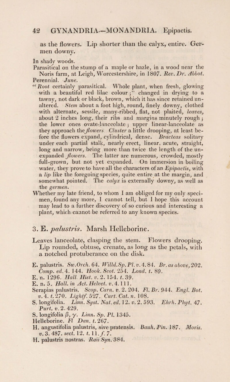 as the flowers. Lip shorter than the calyx, entire. Ger- men downy. In shady woods. Parasitical on the stump of a maple or hazle, in a wood near the Noris farm, at Leigh, Worcestershire, in 1807. Rev. Dr. Abbot. Perennial. June. “ Root certainly parasitical. Whole plant, when fresh, glowing with a beautiful red lilac colour changed in drying to a tawny, not dark or black, brown, which it has since retained un¬ altered. Stem about a foot high, round, finely downy, clothed with alternate, sessile, many-ribbed, flat, not plaited, leaves, about 2 inches long, their ribs and margins minutely rough j the lower ones ovate-lanceolate upper linear-lanceolate as they approach thejlowers Cluster a little drooping, at least be¬ fore the flowers expand, cylindrical, dense. Bracteas solitary under each partial stalk, nearly erect, linear, acute, straight, long and narrow, being more than twice the length of the un¬ expanded jlowers. The latter are numerous, crowded, mostly full-grown, but not yet expanded. On immersion in boiling water, they proveto have all the characters of an Epipactis, with a lip like the foregoing species, quite entire at the margin, and somewhat pointed. The calyx is externally downy, as well as the germen. Whether my late friend, to whom I am obliged for my only speci¬ men, found any more, I cannot tell, but I hope this account may lead to a further discovery of so curious and interesting a plant, which cannot be referred to any known species. 3. E. palustris. Marsh Helleborine. Leaves lanceolate, clasping the stem. Flowers drooping. Lip rounded, obtuse, crenate, as long as the petals, with a notched protuberance on the disk. E. palustris. Sw.Orch.64. Willd.Sp. Pl.vA.S4. Br .as above,202. Comp. ed.4. 144. Hook. Scot. 254. Bondl. t. 89. E. n. 1296. Hall Hist. v. 2. 154. t. 39. E. n. 5. Hall, in Act. Helvet. v. 4. 111. Serapias palustris. Scop. Cam. v. 2. 204. FI. Br. 944. Engl. Bot. v.4. t.270. Light/. 527. Curt. Cat. n. 108. S. longifolia. Linn. Syst. Nat. ed. 12. v. 2. 593. Ehrh. Phyt. 47. Purt. v. 2. 429. S. longifolia (3, y. Linn. Sp. PI. 1345. Helleborine. FI Dan. t. 267. H. angustifolia palustris, sive pratensis. Bauh.Pin. 187. Moris, v. 3. 487. sect. 12. *.11./. 7. H. palustris nostras. Raii Syn. 384.