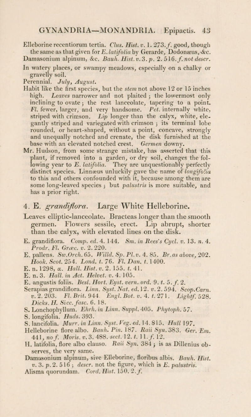 Elleborinerecentiorum tertia. Clus. Hist. v. 1. 273. f. good, though the same as that given for E. latifolia. by Gerarde, Dodonseus,&amp;c. Damasonium alpinum, &amp;c. Dauh. Hist. v. 3. p. 2. 316. f. not descr. In watery places, or swampy meadows, especially on a chalky or gravelly soil. Perennial. July, August. Habit like the first species, but the stem not above 12 or 15 inches high. Leaves narrower and not plaited ; the lowermost only inclining to ovate j the rest lanceolate, tapering to a point. FI. fewer, larger, and very handsome. Pet. internally white, striped with crimson. Lip longer than the calyx, white, ele¬ gantly striped and variegated with crimson ■ its terminal lobe rounded, or heart-shaped, without a point, concave, strongly and unequally notched and crenate, the disk furnished at the base with an elevated notched crest. Germen downy. Mr. Hudson, from some strange mistake, has asserted that this plant, if removed into a garden, or dry soil, changes the fol¬ lowing year to E. latifolia. They are unquestionably perfectly distinct species. Linnaeus unluckily gave the name of longifolia to this and others confounded with it, because among them are some long-leaved species j but palustris is more suitable, and has a prior right. 4. E. grandiflora. Large White Helleborine. Leaves elliptic-lanceolate. Bracteas longer than the smooth germen. Flowers sessile, erect. Lip abrupt, shorter than the calyx, with elevated lines on the disk. E. grandiflora. Comp. ed. 4. 144. Sm. in Rees's Cycl. v. 13. n. 4. Prodr. FI. Grvec. v. 2. 220. E. pallens. Sw.Orch. 65. Willd. Sp. Pl.v. 4. 85. Br.as above, 202. Hook. Scot. 254. Lond. t. 76. FI. Dan. t. 1400. E. n. 1298, a. Hall. Hist. v. 2. 155. t. 41. E. n. 3. Hall, in Act. Helvet. v. 4. 105. E. angustis foliis. Best. Hort. Eyst. vern. ord. 9. t. 5.f. 2. Serapias grandiflora. Linn. Syst. Nat. ed. 12. v. 2. 594. Scop.Cam. v. 2. 203. FI. Brit. 944. Engl. Bot. v. 4. t. 271. Light/. 528. Dicks. II. Sicc.fasc. 6. 18. 5. Lonchophyllum. Ehrh. in Linn. Suppl. 405. Phytoph. 57. S. longifolia. Huds. 393. S. lancifolia. Mum.in Linn. Syst.Veg. ed. 14.815. Hull 197. Helleborine flore albo. Bauh. Pin. 187. RaiiSyn.383. Ger.Em. 441, no f. Moris, v. 3. 488. sect. 12. t. 11. f. 12. H. latifolia, flore albo clauso. Raii Syn. 384 } is as Dillenius ob¬ serves, the very same. Damasonium alpinum, sive Elleborine, floribus albis. Bauh. Hist, v. 3. p. 2. 5 16 j descr. not the figure, which is E. palustris. Alisma quorundam. Cord. Hist. 150. 2./