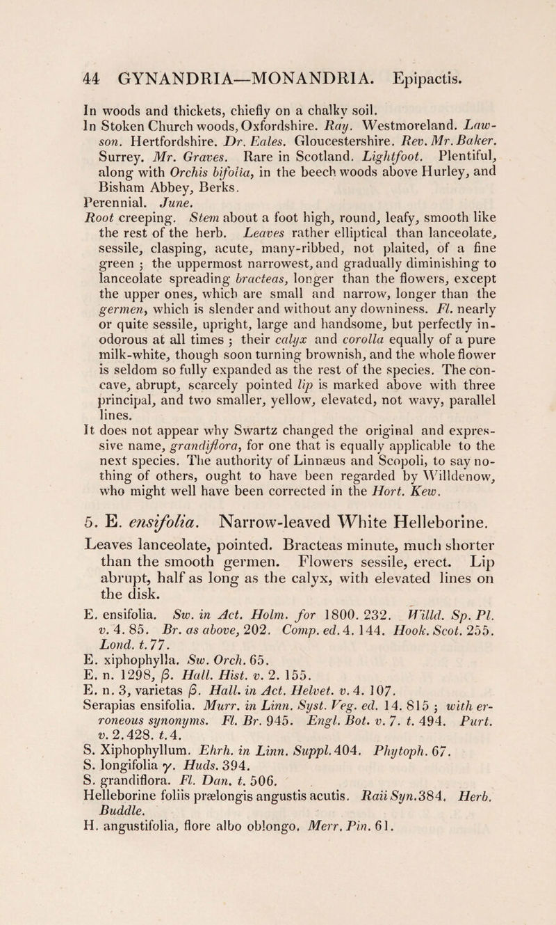 In woods and thickets, chiefly on a chalky soil. In Stoken Church woods, Oxfordshire. Ray. Westmoreland. Law- son. Hertfordshire. Dr. Bales. Gloucestershire. Rev. Mr. Baker. Surrey. Mr. Graves. Rare in Scotland. Lightfoot. Plentiful, along with Orchis bifolia, in the beech woods above Hurley, and Bisham Abbey, Berks. Perennial. June. Root creeping. Stem about a foot high, round, leafy, smooth like the rest of the herb. Leaves rather elliptical than lanceolate, sessile, clasping, acute, many-ribbed, not plaited, of a fine green j the uppermost narrowest, and gradually diminishing to lanceolate spreading bracteas, longer than the flowers, except the upper ones, which are small and narrow, longer than the germen, which is slender and without any downiness. Ft. nearly or quite sessile, upright, large and handsome, but perfectly in¬ odorous at all times ; their calyx and corolla equally of a pure milk-white, though soon turning brownish, and the whole flower is seldom so fully expanded as the rest of the species. The con¬ cave, abrupt, scarcely pointed lip is marked above with three principal, and two smaller, yellow, elevated, not wavy, parallel lines. It does not appear why Swartz changed the original and expres¬ sive name, grandiflora, for one that is equally applicable to the next species. The authority of Linnaeus and Scopoli, to say no¬ thing of others, ought to have been regarded by Willdenow, who might well have been corrected in the Hort. Kew. 5. E. ensifolia. Narrow-leaved White Helleborine. Leaves lanceolate, pointed. Bracteas minute, much shorter than the smooth germen. Flowers sessile, erect. Lip abrupt, half as long as the calyx, with elevated lines on the disk. E. ensifolia. Sw. in Act. Holm, for 1800. 232. Willd. Sp. PI. v. 4. 85. Br. as above, 202. Comp. ed.4. 144. Hook. Scot. 255. Loud. t. 77. E. xiphophylla. Sw. Orch. 65. E. n. 1298, (3. Hall. Hist. v. 2. 155. E. n. 3, varietas (3. Hall, in Act. Helvet. v. 4. 107. Serapias ensifolia. Murr. in Linn. Syst. Veg. ed. 14. 815 j with er¬ roneous synonyms. FI. Br. 945. E?igl. Bot. v. 7. t. 494. Purt. v. 2.428. t. 4. S. Xiphophyllum. Ehrh. in Linn. Suppl. 404. Phytoph. 67. S. longifolia y. Huds. 394. S. grandiflora. FI. Dan. t. 506. Helleborine foliis prselongis angustis acutis. RaiiSyn.384. Herb. Buddie. H. angustifolia, flore albo oblongo. Merr.Pin. 61.