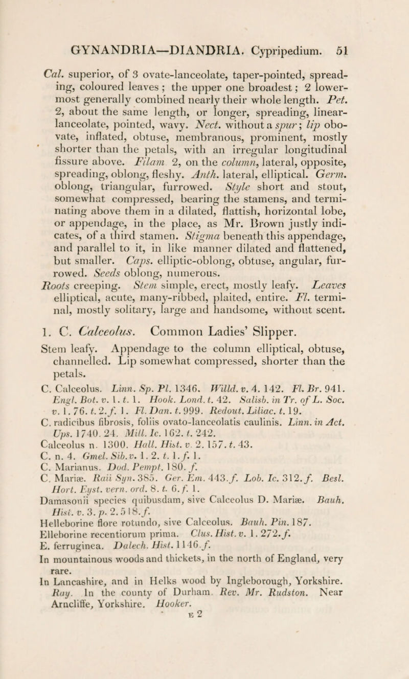 Cal. superior, of 3 ovate-lanceolate, taper-pointed, spread¬ ing, coloured leaves ; the upper one broadest; 2 lower¬ most generally combined nearly their whole length. Pet. 2, about the same length, or longer, spreading, linear- lanceolate, pointed, wavy. Nect. without a spur; lip obo- vate, inflated, obtuse, membranous, prominent, mostly shorter than the petals, with an irregular longitudinal fissure above. Filam 2, on the column, lateral, opposite, spreading, oblong, fleshy. Anth. lateral, elliptical. Germ. oblong, triangular, furrowed. Style short and stout, somewhat compressed, bearing the stamens, and termi¬ nating above them in a dilated, flatfish, horizontal lobe, or appendage, in the place, as Mr. Brown justly indi¬ cates, of a third stamen. Stigma beneath this appendage, and parallel to it, in like manner dilated and flattened, but smaller. Caps, elliptic-oblong, obtuse, angular, fur¬ rowed. Seeds oblong, numerous. Roots creeping. Stem simple, erect, mostly leafy. Leaves elliptical, acute, many-ribbed, plaited, entire. FI. termi¬ nal, mostly solitary, large and handsome, without scent. 1. C. Calceolus. Common Ladies’ Slipper. Stem leafy. Appendage to the column elliptical, obtuse, channelled. Lip somewhat compressed, shorter than the petals. C. Calceolus. Linn. Sp. PI. 1346. Willd.v. 4. 142. FI. Br. 941. Engl. Bat. v. I. t. 1. Hook. Lond. t. 42. Salisb. in Tr. of L. Soc. v. 1.7G.t. 2.f. 1. FI. Dan. t. 999. Redout. Liliac. 1.19. C. radicibus fibrosis, foliis ovato-lanceolatis caulinis. Linn, in Act. Ups. 1740. 24. Mill. lc. 1G2. t. 242. Calceolus n. 1300. Hall. Hint. v. 2. 157. t. 43. C. n. 4. Gmel. Sib.v. 1.2. t. \.f. 1. C. Marianus. Dod. Pempt. 180. C. Marise. Rail Syn. 385. Ger. Em. 443./. Lob. Ic. 312. f. Best. Ilort. Fyst. vern. ord. 8. t. G.f. 1. Damasonii species quibusdam, sive Calceolus D. Marise. Bauh. f/wf.c. 3. p.2.518./. Helleborine flore rotundo, sive Calceolus. Bauh. Pin. 187. Elleborine recentiorum prima. Clus. Hist.v. 1.272. f. E. ferruginea. Dalech. Hist. 114G.f. In mountainous woods and thickets, in the north of England, very rare. In Lancashire, and in Helks wood by Inglebovough, Yorkshire. Ray. In the county of Durham. Rev. Mr. Rudston. Near Arncliffe, Yorkshire. Hooker. e 2
