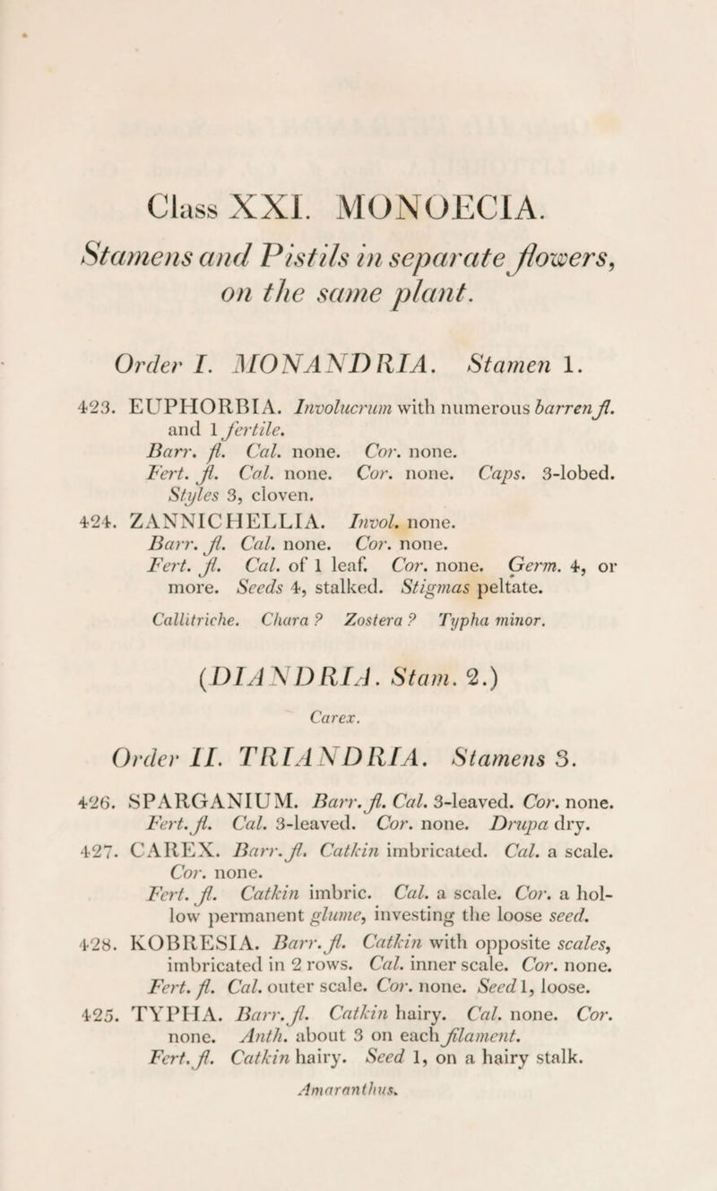Class XXI. MONOECIA. Stamens and Pistils in separate flowers, on the same plant. Order I. MONANDRIA. Stamen 1. 423. EUPHORBIA. Involucrum with numerous barrenfl. and 1 fertile. Barr. fl. Cal. none. Cor. none. Bert. jl. Cal. none. Cor. none. Caps. 3-lobed. Styles 3, cloven. 424. ZANNICHELLIA. Invol. none. Barr. Jl. Cal. none. Cor. none. Bert. fl. Cal. of 1 leaf. Cor. none. Germ. 4, or more. Seeds 4, stalked. Stigmas peltate. Callitriche. C/uira ? Zostera P Typha minor. (DIAJSlDRIA. Stain. 2.) Carex. Order II. TRIANDRIA. Stamens 3. 426. SPARGANIUM. Barr.fl. Cal. 3-leaved. Cor. none. Bert.fl. Cal. 3-leaved. Cor. none. Drupa dry. 427. CAREX. Barr.f. Catkin imbricated. Cal. a scale. Cor. none. Bert. fl. Catkin imbric. Cal. a scale. Cor. a hol¬ low permanent glume, investing the loose seed. 428. KOBRESIA. Barr.fl. Catkin with opposite scales, imbricated in 2 rows. Cal. inner scale. Cor. none. Bert. ft. Cal. outer scale. Cor. none. Seed 1, loose. 425. TYPHA. Barr.fl. Catkin hairy. Cal. none. Cor. none. Antli. about 3 on each fllament. Bert. fl. Catkin hairy. Seed 1, on a hairy stalk. Amaranthus.