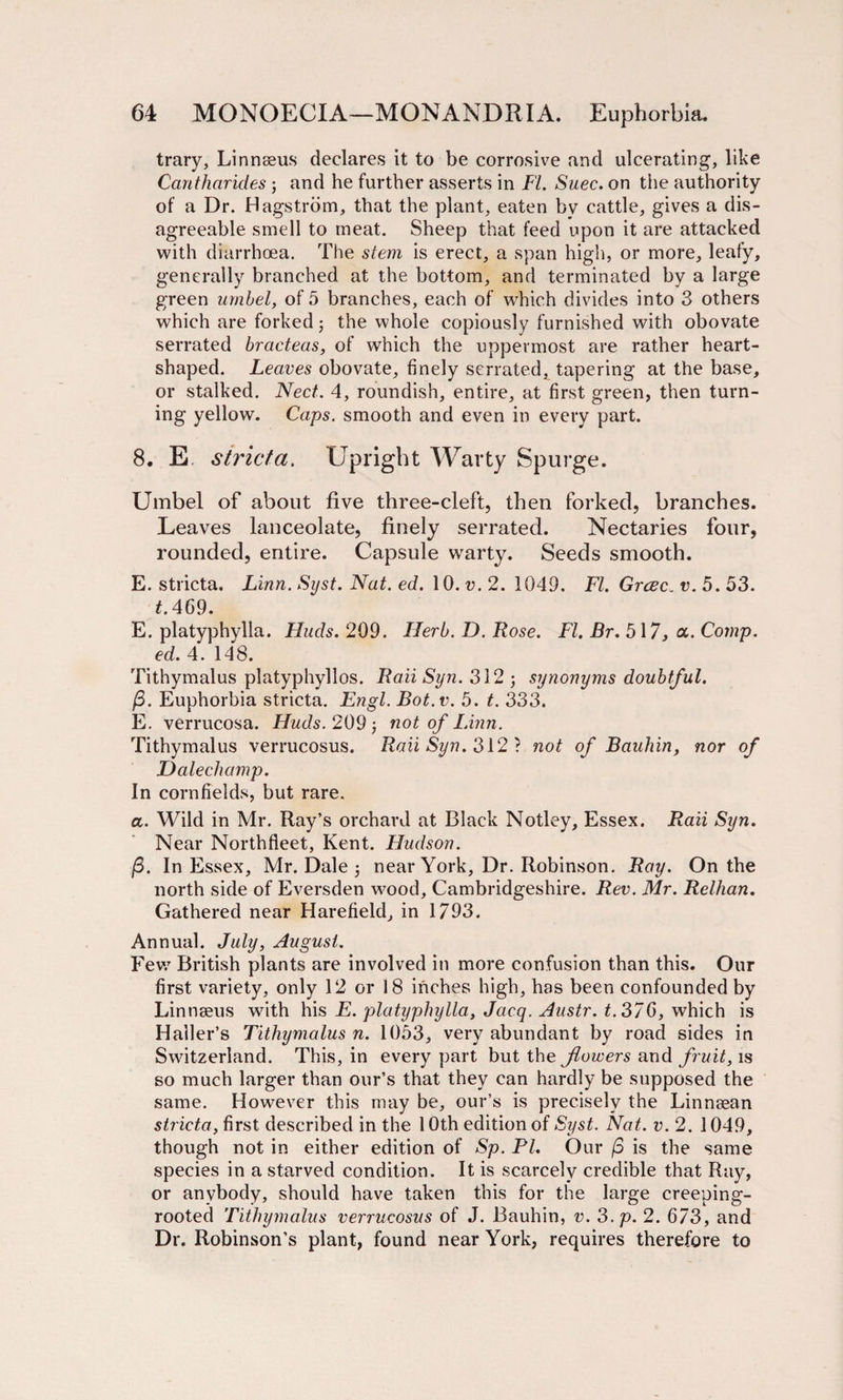 trary, Linnseus declares it to be corrosive and ulcerating, like Cantharides; and he further asserts in FI. Suec. on the authority of a Dr. Hagstrom, that the plant, eaten bv cattle, gives a dis¬ agreeable smell to meat. Sheep that feed upon it are attacked with diarrhoea. The stem is erect, a span high, or more, leafy, generally branched at the bottom, and terminated by a large green umbel, of 5 branches, each of which divides into 3 others which are forked; the whole copiously furnished with obovate serrated bracteas, of which the uppermost are rather heart- shaped. Leaves obovate, finely serrated, tapering at the base, or stalked. Nect. 4, roundish, entire, at first green, then turn¬ ing yellow. Caps, smooth and even in every part. 8. E stricta. Upright Warty Spurge. Umbel of about five three-cleft, then forked, branches. Leaves lanceolate, finely serrated. Nectaries four, rounded, entire. Capsule warty. Seeds smooth. E. stricta. Linn. Si/st. Nat. ed. 10. v. 2. 1049. FI. Grcec. v. 5. 53. t. 469. E. platyphylla. Fluds. 209. Herb. D. Rose. FI. Br. 517, a. Comp, ed. 4. 148. Tithymalus platyphyllos. Raii Syn. 312 ; synonyms doubtful. (3. Euphorbia stricta. Engl. Bot.v. 5. t. 333. E. verrucosa. Huds. 209 not of Linn. Tithymalus verrucosus. Raii Syn. 312 } not of Bauhin, nor of JOalechamp. In cornfields, but rare. a. Wild in Mr. Ray’s orchard at Black Notley, Essex. Raii Syn. Near North fleet, Kent. Hudson. (5. In Essex, Mr. Dale 5 near York, Dr. Robinson. Ray. On the north side of Eversden wood, Cambridgeshire. Rev. Mr. Relhan. Gathered near Harefield, in 1793. Annual. July, August. Few British plants are involved in more confusion than this. Our first variety, only 12 or 18 inches high, has been confounded by Linnseus with his E. platyphylla, Jaeq. Austr. t.376, which is Haller’s Tithymalus n. 1053, very abundant by road sides in Switzerland. This, in every part but the flowers and fruit, is so much larger than our’s that they can hardly be supposed the same. However this may be, our’s is precisely the Linnsean stricta, first described in the 10th edition of Syst. Nat. v. 2. 1049, though not in either edition of Sp. PI. Our (3 is the same species in a starved condition. It is scarcely credible that Ray, or anybody, should have taken this for the large creeping- rooted Tithymalus verrucosus of J. Bauhin, v. 3.p. 2. 673, and Dr. Robinson’s plant, found near York, requires therefore to