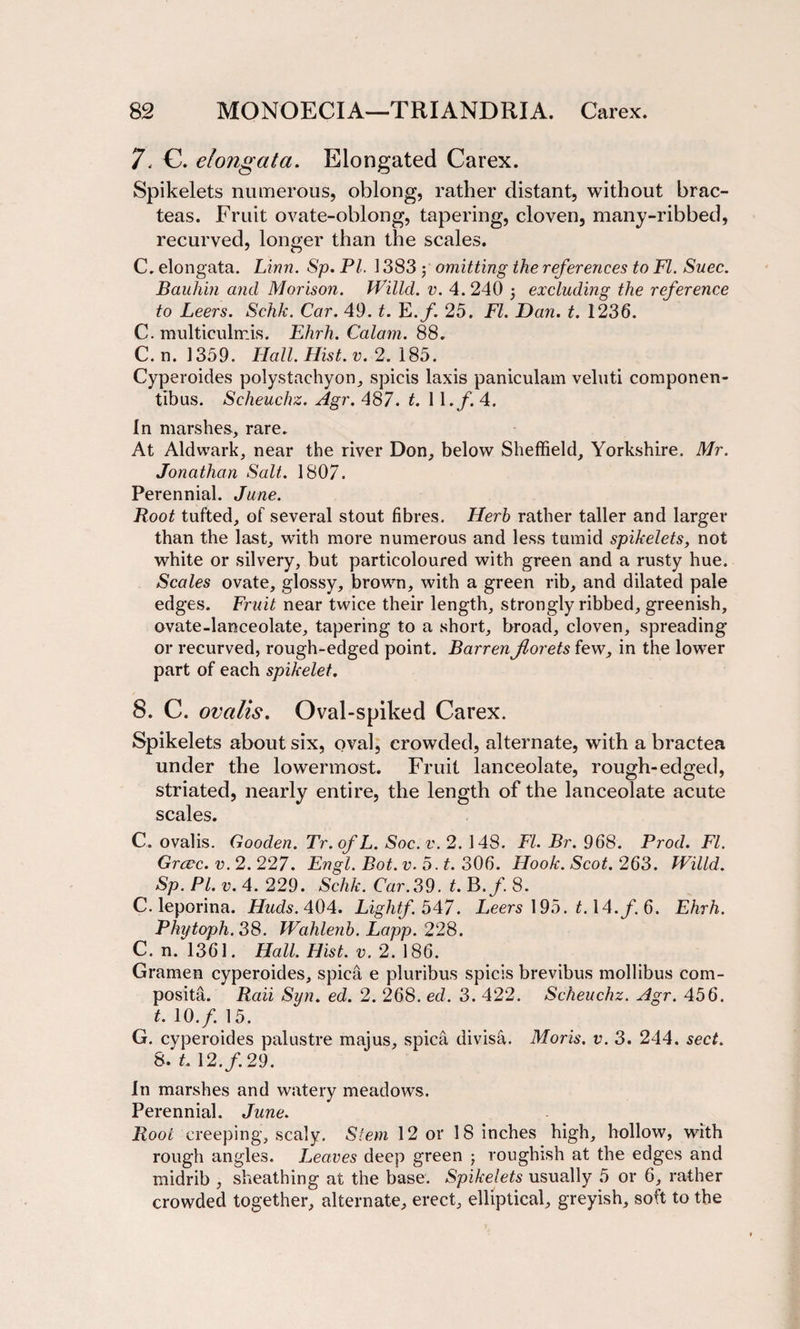 7, C. elongata. Elongated Carex. Spikelets numerous, oblong, rather distant, without brac- teas. Fruit ovate-oblong, tapering, cloven, many-ribbed, recurved, longer than the scales. C. elongata. Linn. Sp. PI. 1383 ; omitting the references to FI. Suec. Bauliin and Morison. Willd. v. 4.240 j excluding the reference to Leers. Schk. Car. 49. t. E.f. 25. FI. Dan. t. 1236. C. multiculmis. Ehrh. Calam. 88. C.n. 1359. Hall. Hist. v. 2. 185. Cyperoides polystachyon, spicis laxis paniculam veluti componen- tibus. Scheuchz. Agr. 487. t. \\.f.4. In marshes, rare. At Aldwark, near the river Don, below Sheffield, Yorkshire. Mr. Jonathan Salt. 1807. Perennial. June. Root tufted, of several stout fibres. Herb rather taller and larger than the last, with more numerous and less tumid spikelets, not white or silvery, but particoloured with green and a rusty hue. Scales ovate, glossy, brown, with a green rib, and dilated pale edges. Fruit near twice their length, strongly ribbed, greenish, ovate-lanceolate, tapering to a short, broad, cloven, spreading or recurved, rough-edged point. Barren florets few, in the lower part of each spikelet. 8. C. ovctlis. Oval-spiked Carex. Spikelets about six, oval, crowded, alternate, with a bractea under the lowermost. Fruit lanceolate, rough-edged, striated, nearly entire, the length of the lanceolate acute scales. C. ovalis. Gooden. Tr. of L. Soc. v. 2. 148. FI. Br. 968. Prod. FI. Grcec. v. 2.227. Engl. Bot.v. 5. t. 306. Hook. Scot. 263. Willd. Sp. PL v. 4. 229. Schk. Car.39. t. B./. 8. C. leporina. Huds. 404. Liglitf. 547. Leers 195. 1.14. f. 6. Ehrh. Phytoph. 38. Wahlenb. Lapp. 228. C.n. 1361. Hall. Hist. v. 2.186. Gramen cyperoides, spica e pluribus spicis brevibus mollibus com¬ posite. Raii Sun. ed. 2. 268. ed. 3. 422. Scheuchz. Agr. 456. t. 10./. 15. G. cyperoides palustre maius, spica divisa. Moris, v. 3. 244. sect. 8. t. 12./. 29. In marshes and watery meadows. Perennial. June. Root creeping, scaly. Stem 12 or 18 inches high, hollow, with rough angles. Leaves deep green ; roughish at the edges and midrib , sheathing at the base. Spikelets usually 5 or 6, rather crowded together, alternate, erect, elliptical, greyish, soft to the