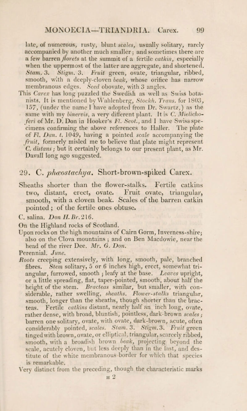 late, of numerous, rusty, blunt scales, usually solitary, rarely accompanied by another much smaller; and sometimes there are a few barren florets at the summit of a fertile catkin, especially when the uppermost of the latter are aggregate, and shortened. Stam. 3. Stigm. 3. Fruit green, ovate, triangular, ribbed, smooth, with a deeply-cloven beak, whose orifice has narrow membranous edges. Seed obovate, with 3 angles. This Carex has long puzzled the Swedish as well as Swiss bota¬ nists. It is mentioned by Wahlenberg, Stockh. Trans, for 1803, 157, (under the name I have adopted from Dr. Swartz,) as the same with my binervis, a very different plant. It is C. Mielicho- feri of Mr. D. Don in Hooker’s FI. Scot., and I have Swiss spe¬ cimens confirming the above references to Haller. The plate of FI. Dan. t. 1049, having a pointed scale accompanying the fruit, formerly misled me to believe that plate might represent C. distans; but it certainly belongs to our present plant, as Mr. Davall long ago suggested. 29. C. pJuEostachya. Sbort-brown-spiked Carex. Sheaths shorter than the flower-stalks. Fertile catkins two, distant, erect, ovate. Fruit ovate, triangular, smooth, with a cloven beak. Scales of the barren catkin pointed ; of the fertile ones obtuse. C. salina. Don II.Br.2\6. On the Highland rocks of Scotland. Upon rocks on the high mountains of Cairn Gorm, Inverness-shire; also on the Clova mountains ; and on Ben Macdowie, near the head of the river Dee. Mr. G. Don. Perennial. June. Roots creeping extensively, with long, smooth, pale, branched fibres. Stem solitary, 5 or 6 inches high, erect, somewhat tri¬ angular, furrowed, smooth ; leafy at the base. Leaves upright, or a little spreading, flat, taper-pointed, smooth, about half the height of the stem. Bracteas similar, but smaller, with con¬ siderable, rather swelling, sheaths. Rower-stalks triangular, smooth, longer than the sheaths, though shorter than the brac¬ teas. Fertile catkins distant, nearly half an inch long, ovate, rather dense, with broad, bluntish, pointless, dark-brown scales; barren one solitary, ovate, with ovate, dark-brown, acute, often considerably pointed, scales. Stam. 3. Stigm.3. Fruit green tinged with brown, ovate, or elliptical, triangular, scarcely ribbed, smooth, with a broadish brown beak, projecting beyond the scale, acutely cloven, but less deeply than in the last, and des¬ titute of the white membranous border for which that species is remarkable. Very distinct from the preceding, though the characteristic marks