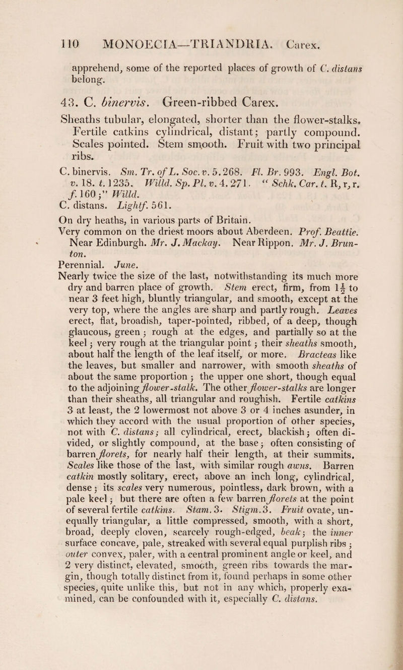 apprehend, some of the reported places of growth of C. distant belong. 43. C. binervis. Green-ribbed Carex. Sheaths tubular, elongated, shorter than the flower-stalks. Fertile catkins cylindrical, distant; partly compound. Scales pointed. Stem smooth. Fruit with two principal ribs. C. binervis. Sm. Tr. of L. Soc. v. 5.268. FI. Br. 993. Engl. Bot. v. 18. 1.1235. Willd. Sp. PI. v. 4. 271 - “ Schk. Car. t. R, r, r. /. 160 j” Willd. C. distans. Lightf. 561. On dry heaths, in various parts of Britain. Very common on the driest moors about Aberdeen. Prof. Beattie. Near Edinburgh. Mr. J.Mackay. Near Rippon. Mr. J. Brun- ton. Perennial. June. Nearly twice the size of the last, notwithstanding its much more dry and barren place of growth. Stem erect, firm, from 1§ to near 3 feet high, bluntly triangular, and smooth, except at the very top, where the angles are sharp and partly rough. Leaves erect, flat, broadish, taper-pointed, ribbed, of a deep, though glaucous, green ; rough at the edges, and partially so at the keel; very rough at the triangular point; their sheaths smooth, about half the length of the leaf itself, or more. Bracteas like the leaves, but smaller and narrower, with smooth sheaths of about the same proportion ; the upper one short, though equal to the adjoinin g flower-stalk. The other flower-stalks are longer than their sheaths, all triangular and roughish. Fertile catkins 3 at least, the 2 lowermost not above 3 or 4 inches asunder, in which they accord with the usual proportion of other species, not with C. distans; all cylindrical, erect, blackish 3 often di¬ vided, or slightly compound, at the base often consisting of barren florets, for nearly half their length, at their summits. Scales like those of the last, with similar rough awns. Barren catkin mostly solitary, erect, above an inch long, cylindrical, dense; its scales very numerous, pointless, dark brown, with a pale keel 5 but there are often a few barren florets at the point of several fertile catkins. Stam.3. Stigm.3. Fruit ovate, un¬ equally triangular, a little compressed, smooth, with a short, broad, deeply cloven, scarcely rough-edged, beak; the inner surface concave, pale, streaked with several equal purplish ribs • outer convex, paler, with a central prominent angle or keel, and 2 very distinct, elevated, smooth, green ribs towards the mar¬ gin, though totally distinct from it, found perhaps in some other species, quite unlike this, but not in any which, properly exa¬ mined, can be confounded with it, especially C. distans.