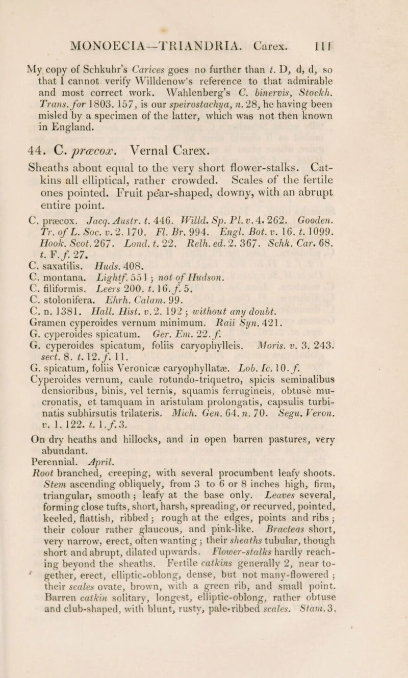 My. copy of Sehkuhr’s Carices goes no further than t. D, cl, cl, so that 1 cannot verify Willdenow’s reference to that admirable and most correct work. YVahlenberg’s C. binervis, Stockh. Trans, for 1803. 157, is our speirostachya, n.28, he having been misled by a specimen of the latter, which was not then known in England. 44. C. pracox. Vernal Carex. Sheaths about equal to the very short flower-stalks. Cat¬ kins all elliptical, rather crowded. Scales of the fertile ones pointed. Fruit pe*ar-shaped, downy, with an abrupt entire point. C. prsecox. Jacq. Austr. t. 446. Willd. Sp. PI. v. 4. 262. Gooden. Tr. of L. Soc. v.2.170. FI. Br. 994. Engl. Bot.v. 16. t. 1099. Hook. Scot. 267. Land. t. 22. Relh. ed. 2. 367- Schk. Car. 68. t. F./. 27. C. saxatilis. Huds. 408. C. montana. Llghtf. 55 1 ; not of Hudson. C. filiformis. Leers 200. t. 16./. 5. C. stolonifera. Ehrh. Calam. 99. C. n. 1381. Hall. Hist. v.2. 192 3 without any doubt. Gramen cyperoides vernum minimum. Raii Syn. 421. G. cyperoicles spicatum. Ger. Em. 22. f. G. cyperoides spicatum, foliis caryophylleis. Moris, v. 3. 243. sect. 8. t. 12./. 11. G. spicatum, foliis Veronicse caryophyllatse. Lob. fc. 10./. Cyperoides vernum, caide rotundo-triquetro, spicis seminalibus densioribus, binis, vel ternis, squamis ferrugineis, obtuse nni- cronatis, et tamquam in aristulam prolongatis, capsulis turbi- natis subhirsutis trilateris. Mich. Gen. 64. n. 70. Segu. Veron. v. 1. 122. t. I./.3. On dry heaths and hillocks, and in open barren pastures, very abundant. Perennial. April. Root branched, creeping, with several procumbent leafy shoots. Stein ascending obliquely, from 3 to 6 or 8 inches high, firm, triangular, smooth ; leafy at the base only. Leaves several, forming close tufts, short, harsh, spreading, or recurved, pointed, keeled, flatfish, ribbed 3 rough at the edges, points and ribs 3 their colour rather glaucous, and pink-like. Bracteas short, very narrow, erect, often wanting 3 their sheaths tubular, though short and abrupt, dilated upwards. Flower-stalks hardly reach¬ ing beyond the sheaths. Fertile catkins generally 2, near to- ' gether, erect, elliptic-oblong, dense, but not many-flowered ; their scales ovate, brown, with a green rib, and small point. Barren catkin solitary, longest, elliptic-oblong, rather obtuse and club-shaped, with blunt, rusty, pale*ribbed scales. Stain.3.