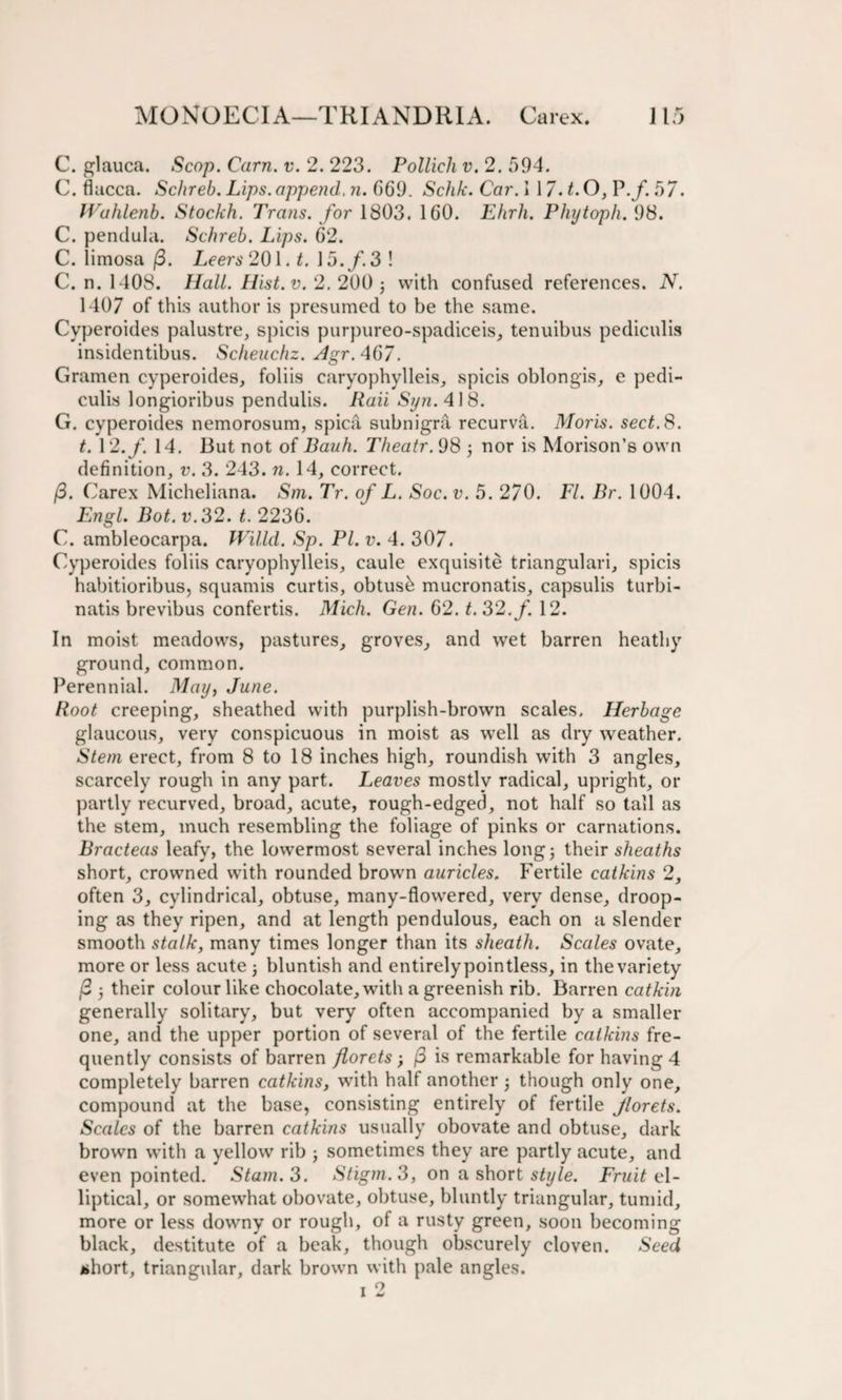 C. glauca. Scop. Cam. v. 2. 223. Pollich v. 2. 594. C. flacca. Schreb. Lips, append, n. 669. Schk. Car. I 17. t.O, P.f. 57. Wahlenb. Stockh. Trans, for 1803. 160. Ehrh. Phytoph. 98. C. pendula. Schreb. Lips. 62. C. limosa (5. Leers 201. t. 15./. 3 ! C. n. 1408. Hall. Ilist.v. 2. 200 ; with confused references. N. 1407 of this author is presumed to be the same. Cyperoides palustre, spicis purpureo-spadiceis, tenuibus pediculis insidentibus. Scheuchz. Agr. 467. Gramen cyperoides, foliis caryophylleis, spicis oblongis, e pedi¬ culis longioribus pendulis. Rail Syn. 418. G. cyperoides nemorosum, spica subnigra recurva. Moris, sect.8. t. 12.f. 14. But not of Bauh. Theatr. 98 ; nor is Morison’s own definition, v. 3. 243. n. 14, correct. /3. Carex Micheliana. Sm. Tr. of L. Soc. v. 5. 270. FI. Br. 1004. Engl. Bot. v.32. t. 2236. C. ambleocarpa. Willd. Sp. PI. v. 4. 307. Cyperoides foliis caryophylleis, caule exquisite triangulari, spicis habitioribus, squamis curtis, obtus&amp; mucronatis, capsulis turbi- natis brevibus confertis. Mich. Gen. 62. t. 32. f. 12. In moist meadows, pastures, groves, and wet barren heathy ground, common. Perennial. May, June. Root creeping, sheathed with purplish-brown scales. Herbage glaucous, very conspicuous in moist as well as dry weather. Stem erect, from 8 to 18 inches high, roundish with 3 angles, scarcely rough in any part. Leaves mostly radical, upright, or partly recurved, broad, acute, rough-edged, not half so tall as the stem, much resembling the foliage of pinks or carnations. Bracteas leafy, the lowermost several inches long; their sheaths short, crowned with rounded brown auricles. Fertile catkins 2, often 3, cylindrical, obtuse, many-flowered, very dense, droop¬ ing as they ripen, and at length pendulous, each on a slender smooth stalk, many times longer than its sheath. Scales ovate, more or less acute 5 bluntish and entirely pointless, in the variety /3 5 their colour like chocolate, with a greenish rib. Barren catkin generally solitary, but very often accompanied by a smaller one, and the upper portion of several of the fertile catkins fre¬ quently consists of barren florets ; /3 is remarkable for having 4 completely barren catkins, with half another 3 though only one, compound at the base, consisting entirely of fertile Jlorets. Scales of the barren catkins usually obovate and obtuse, dark brown with a yellow rib ; sometimes they are partly acute, and even pointed. Stain. 3. Stigm.3, on a short style. Fruit c 1- liptical, or somewhat obovate, obtuse, bluntly triangular, tumid, more or less downy or rough, of a rusty green, soon becoming black, destitute of a beak, though obscurely cloven. Seed ahort, triangular, dark brown with pale angles.