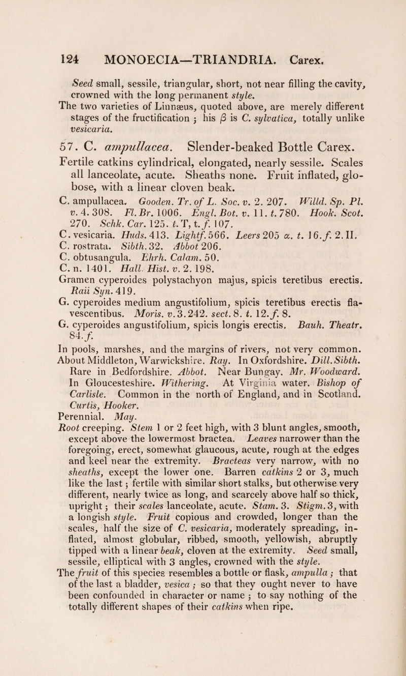 Seed small, sessile, triangular, short, not near filling the cavity, crowned with the long permanent style. The two varieties of Linnaeus, quoted above, are merely different stages of the fructification } his (3 is C. sylvatica, totally unlike vesicaria. 57. C. ampullacea. Slender-beaked Bottle Carex. Fertile catkins cylindrical, elongated, nearly sessile. Scales all lanceolate, acute. Sheaths none. Fruit inflated, glo¬ bose, with a linear cloven beak. C. ampullacea. Gooden. Tr. of L. Soc. v. 2. 207. Willd. Sp. PI. v. 4. 308. Fl.Br. 1006. Engl. Bot. v. 11. t. 780. Hook. Scot. 270. Schk. Car. 125. t. T, t./. 107. C. vesicaria. Huds. 413. Light/. 566. Leers 205 &lt;x. t. \ 6.f. 2. II. C. rostrata. Sibth.32. Abbot 206. C. obtusangula. Ehrh. Cal am. 50. C. n. 1401. Hall. Hist. v. 2. 198. Gramen cyperoides polystachyon majus, spicis teretibus erectis. Raii Syn. 419. G. cyperoides medium angustifolium, spicis teretibus erectis fla- vescentibus. Moris, r.3.242. sect. 8. t. 12. f. 8. G. cyperoides angustifolium, spicis longis erectis. Bauh. Theatr. 84./. In pools, marshes, and the margins of rivers, not veiy common. About Middleton, Warwickshire. Ray. In Oxfordshire. Dill.Sibth. Rare in Bedfordshire. Abbot. Near Bungay. Mr. Woodward. In Gloucesteshire. Withering. At Virginia water. Bishop of Carlisle. Common in the north of England, and in Scotland. Curtis, Hooker. Perennial. May. Root creeping. Stem 1 or 2 feet high, with 3 blunt angles, smooth, except above the lowermost bractea. Leaves narrower than the foregoing, erect, somewhat glaucous, acute, rough at the edges and keel near the extremity. Bracteas very narrow, with no sheaths, except the lower one. Barren catkins 2 or 3, much like the last; fertile with similar short stalks, but otherwise very different, nearly twice as long, and scarcely above half so thick, upright; their scales lanceolate, acute. Stam. 3. &amp;^gm.3,with a longish style. Fruit copious and crowded, longer than the scales, half the size of C. vesicaria, moderately spreading, in¬ flated, almost globular, ribbed, smooth, yellowish, abruptly tipped with a linear beak, cloven at the extremity. Seed small, sessile, elliptical with 3 angles, crowned with the style. The fruit of this species resembles a bottle or flask, ampulla; that of the last a bladder, vesica ; so that they ought never to have been confounded in character or name ; to say nothing of the totally different shapes of their catkins when ripe.