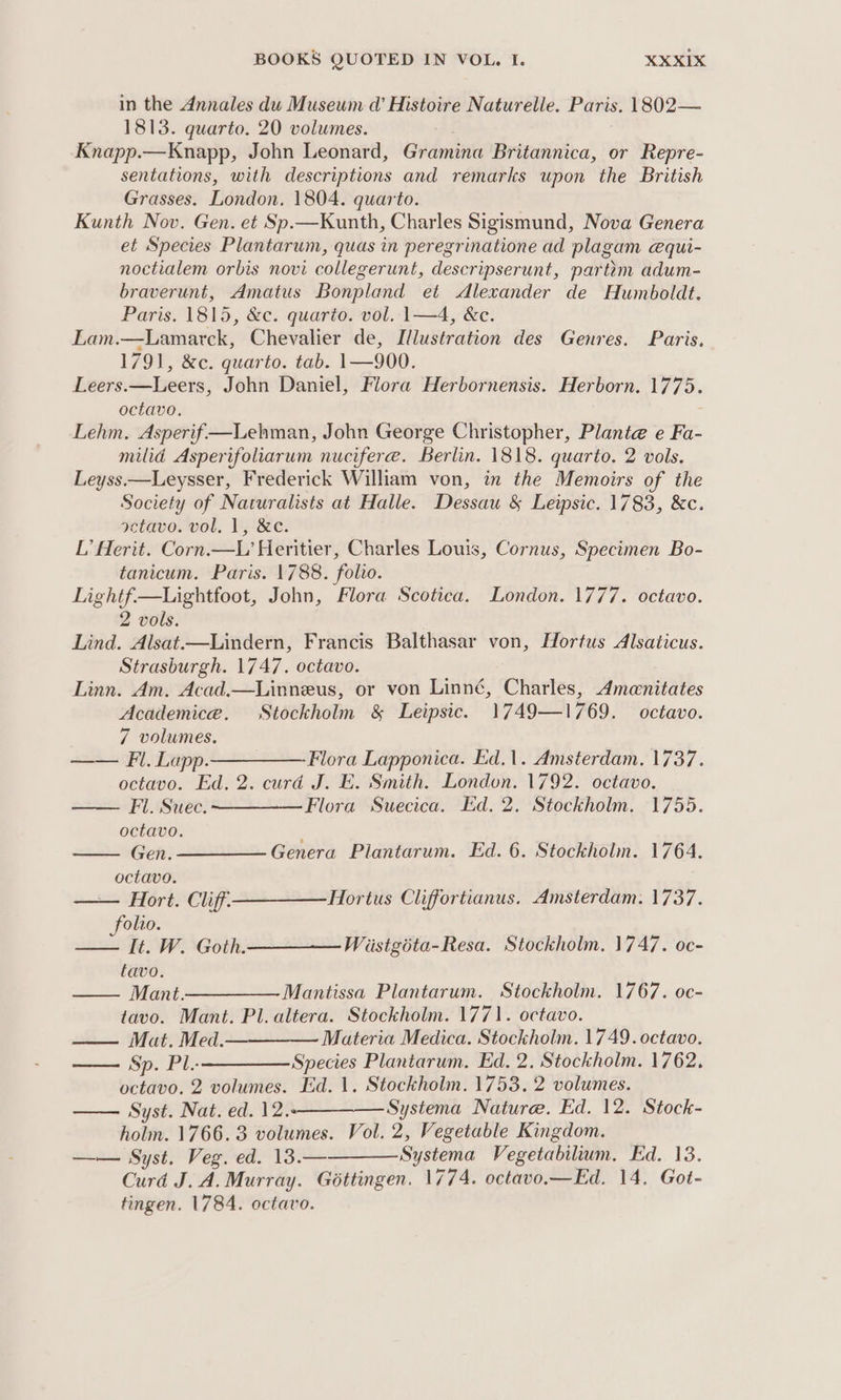 in the Annales du Museum d’ Histoire Naturelle. Paris. 1802— 1813. quarto. 20 volumes. Knapp.—Knapp, John Leonard, Gramina Britannica, or Repre- sentations, with descriptions and remarks upon the British Grasses. London. 1804. quarto. Kunth Nov. Gen. et Sp.—Kunth, Charles Sigismund, Nova Genera et Species Plantarum, quas in peregrinatione ad plagam cequi- noctialem orbis novi collegerunt, descripserunt, parttm adum- braverunt, Amatus Bonpland et Alexander de Humboldt. Paris. 1815, &amp;c. quarto. vol. 1—4, &amp;c. Lam.—Lamarck, Chevalier de, Illustration des Genres. Paris. 1791, &amp;c. quarto. tab. 1—900. Leers.—Leers, John Daniel, Flora Herbornensis. Herborn. 1775. octavo, : Lehm. Asperif —Lehman, John George Christopher, Plante e Fa- milid Asperifoliarum nucifere. Berlin. 1818. quarto. 2 vols. Leyss.—Leysser, Frederick William von, in the Memoirs of the Society of Naturalists at Halle. Dessau &amp; Leipsic. 1783, &amp;c. octavo. vol, 1, &amp;c. L’ Herit. Corn.—L’ Heritier, Charles Louis, Cornus, Specimen Bo- tanicum. Paris. 1788. folio. Lightf—Lightfoot, John, Flora Scotica. London. 1777. octavo. 2 vols. Lind. Alsat.—Lindern, Francis Balthasar von, Hortus Alsaticus. Strasburgh. 1747. octavo. Linn. Am. Acad.—Linneus, or von Linné, Charles, Amanitates Academice. Stockholm &amp; Leipsic. 1749—1769. octavo. 7 volumes. —— Fl. Lapp.—_— Flora Lapponica. kd.1. Amsterdam. 1737. octavo. Ed. 2. curd J. E. Smith. London. 1792. octavo. Fl. Suec. ————— Flora Suecica. Ed. 2. Stockholm. 1755. octavo. Gen. ————— Genera Plantarum. Ed. 6. Stockholm. 1764. octavo. — Hort. Cliff Hortus Cliffortianus. Amsterdam. 1737. folio. —— . W. Goth. — Wiistgita-Resa. Stockholm. 1747. oc- tavo. —— Mant———— Mantissa Plantarum. Stockholm. 1767. oc- tavo. Mant. Pl. altera. Stockholm. 1771. octavo. Mat. Med.— Materia Medica. Stockholm. 1749. octavo. —— Sp. Pl..———— Species Plantarum. Ed. 2, Stockholm. 1762. octavo. 2 volumes. Ed. 1. Stockholm. 1753. 2 volumes. —— Syst. Nat. ed. 12..—_——_—— Systema Nature. Ed. 12. Stock- holm. 1766.3 volumes. Vol. 2, Vegetable Kingdom. —— Syst. Veg. ed. 13.— Systema Vegetabilium. Ed. 13. Curd J. A. Murray. Gottingen. 1774. octavo.—Ed. 14, Got- tingen. 1784. octavo.