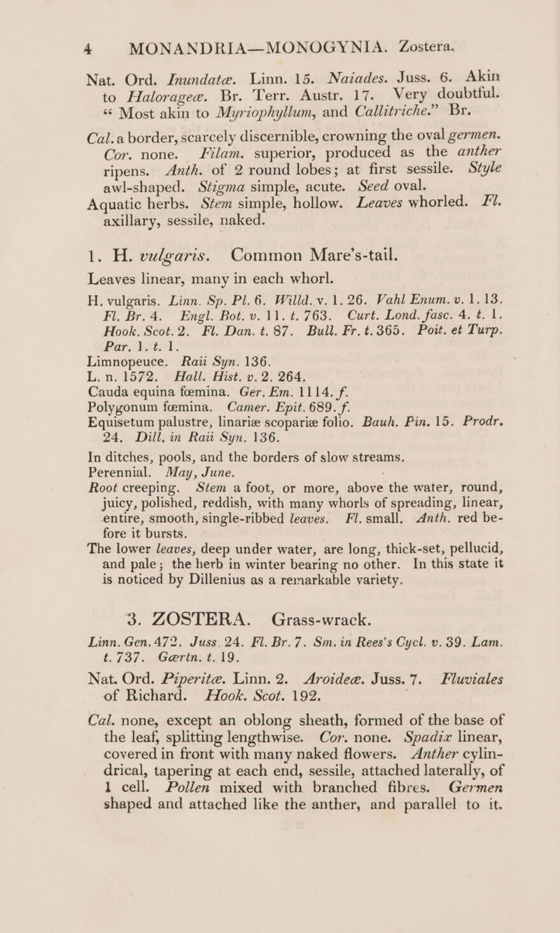 Nat. Ord. Jnundate. Linn. 15. Naiades. Juss. 6. Akin to Haloragee. Br. Terr. Austr. 17. Very doubtful. “ Most akin to Myriophyllum, and Callitriche.” Br. Cal.a border, scarcely discernible, crowning the oval germen. Cor. none. Filam. superior, produced as the anther ripens. Anth. of 2 round lobes; at first sessile. Style awl-shaped. Stigma simple, acute. Seed oval. Aquatic herbs. Stem simple, hollow. Leaves whorled. £1. axillary, sessile, naked. 1. H. vadgaris. Common Mare’s-tail. Leaves linear, many in each whorl. H, vulgaris. Linn. Sp. Pl. 6. Willd. v. 1.26. Vahl Enum. v. 1.13. Fl, Br.4. Engl. Bot. v.11. t. 763. Curt. Lond. fasc. 4. t. 1. Hook. Scot.2. Fl. Dan. t.87. Bull. Fr. t.365. Pot. et Turp. Par Vets. Limnopeuce. Raw Syn. 136. L.n. 1572. ~ Hall. Hist. ». 2. 264, Cauda equina foemina. Ger. Em. 1114. f. Polygonum foemina. Camer. Epit. 689. f. Equisetum palustre, linariz scoparie folio. Bauh. Pin. 15. Prodr. 24, Dill.in Rau Syn. 136. In ditches, pools, and the borders of slow streams. Perennial. May, June. Root creeping. Stem a foot, or more, above the water, round, juicy, polished, reddish, with many whorls of spreading, linear, entire, smooth, single-ribbed leaves. Fl. small. Anth. red be- fore it bursts. The lower leaves, deep under water, are long, thick-set, pellucid, and pale; the herb in winter bearing no other. In this state it is noticed by Dillenius as a remarkable variety. 3. ZOSTERA. Grass-wrack. Linn. Gen. 472. Juss, 24. Fl. Br.7. Sm. in Rees’s Cycl. v. 39. Lam. t.737. Gerin. t. 19. Nat. Ord. Piperite. Linn. 2. Aroidee. Juss.7. Fluviales of Richard. Hook. Scot. 192. | Cal. none, except an oblong sheath, formed of the base of the leaf, splitting lengthwise. Cor. none. Spadiz linear, covered in front with many naked flowers. Anther cylin- drical, tapering at each end, sessile, attached laterally, of 1 cell. Pollen mixed with branched fibres. Germen shaped and attached like the anther, and parallel to it.