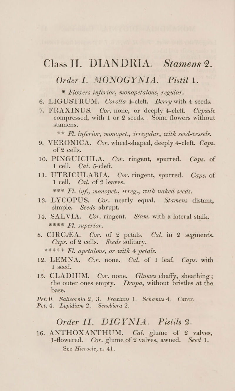 Class I] DIANDRIA. Stamens 2. Order I. MONOGYNIA. Piastil 1. * Flowers inferior, monopetalous, regular. 6. LIGUSTRUM. Corolla 4-cleft. Berry with 4 seeds. 7. FRAXINUS. Cor. none, or deeply 4-cleft. Capsule compressed, with 1 or 2 seeds... Some flowers without stamens. ** Fl. inferior, monopet., irregular, with seed-vessels. 9. VERONICA. Cor. wheel-shaped, deeply 4-cleft. Caps. of 2 cells. 10. PINGUICULA. Cor. ringent, spurred. Caps. of 1 cell. Cal. 5-cleft. 11, UTRICULARIA. Cor. ringent, spurred. Caps. of 1 cell. Cal. of 2 leaves. *¥%% Fl. inf., monopet., irreg., with naked seeds. 13. LYCOPUS. Cor. nearly equal. Stamens distant, simple. Seeds abrupt. 14, SALVIA. Cor. ringent. Stam. with a lateral stalk. ¥4*% Pl. supertor. 8. CIRCAKA. Cor. of 2 petals. Cal. in 2 segments. Caps. of 2 cells. Seeds solitary. **** FY, apetalous, or with 4 petals. 12, LEMNA. Cor.none. Cal. of 1 leaf. Caps. with 1 seed. 15. CLADIUM. Cor. none. Glumes chaffy, sheathing ; the outer ones empty. Drupa, without bristles at the base. Pet.0. Salicornia 2, 3. Fraxinus 1. Schenus 4. Carex. Pet. 4. Lepidium 2. Senebiera 2. Order II. DIGYNIA. Prastils 2. 16. ANTHOXANTHUM. Cal. glume of 2 valves, 1-flowered. Cor. glume of 2 valves, awned. Seed 1. See Hierocle, n. 41.